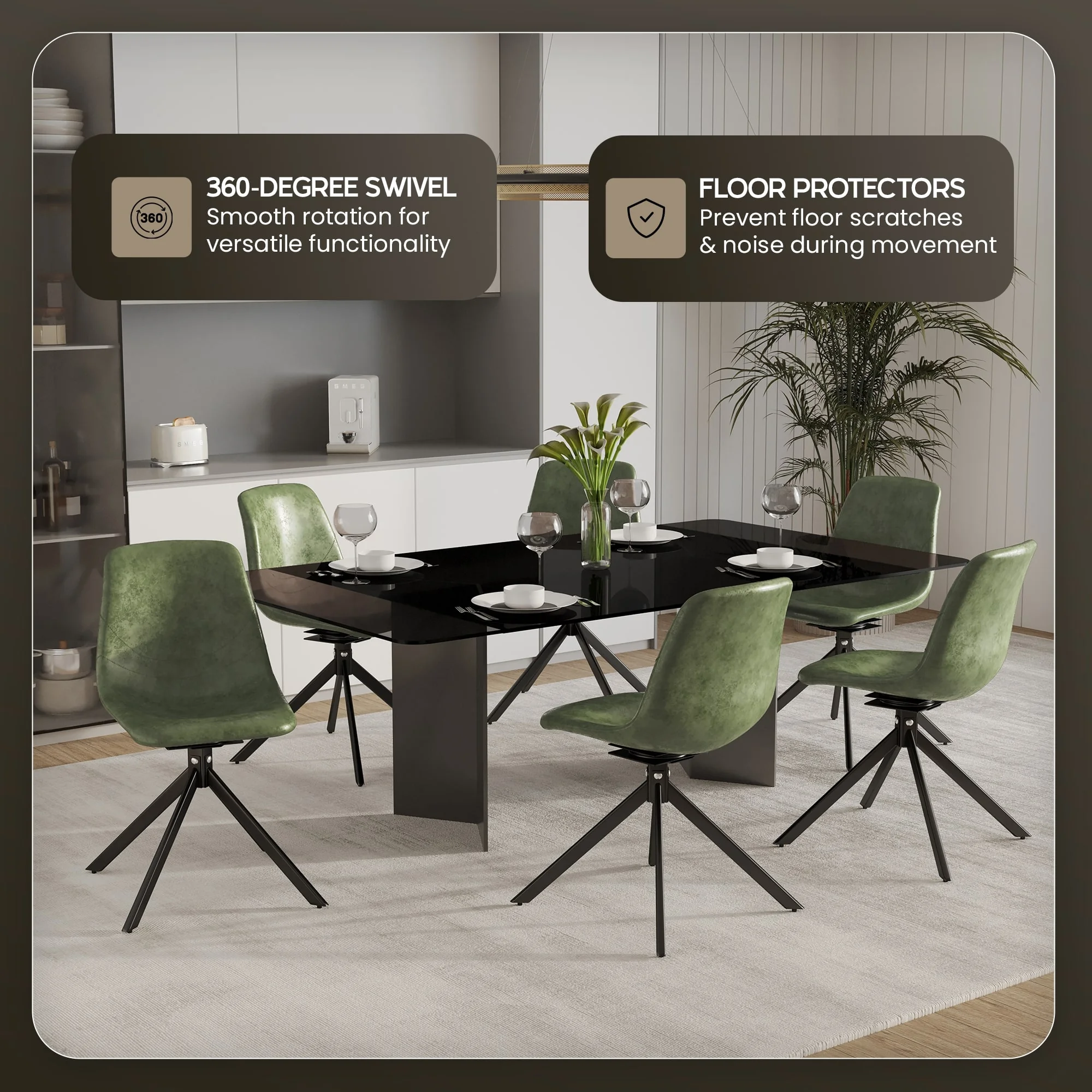 Markley Modern Leather Swival Dining Chair With Metal Legs in Green