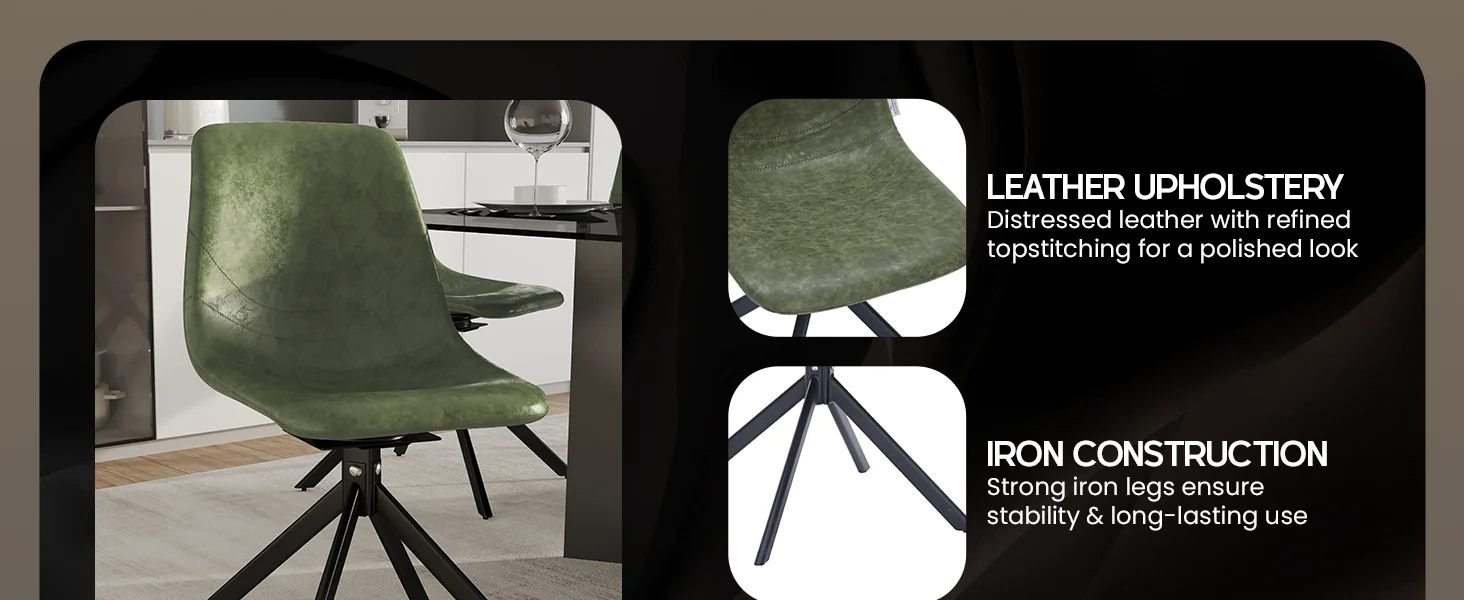 Markley Modern Leather Swival Dining Chair With Metal Legs in Green