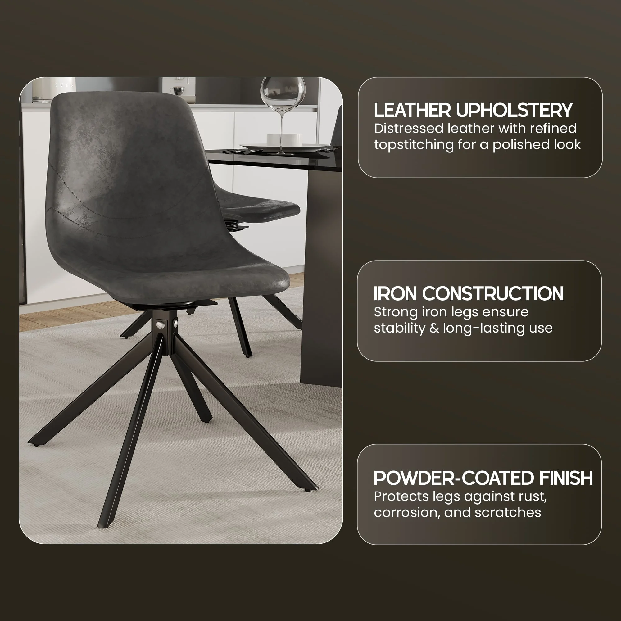 Markley Modern Leather Swival Dining Chair With Metal Legs in Grey