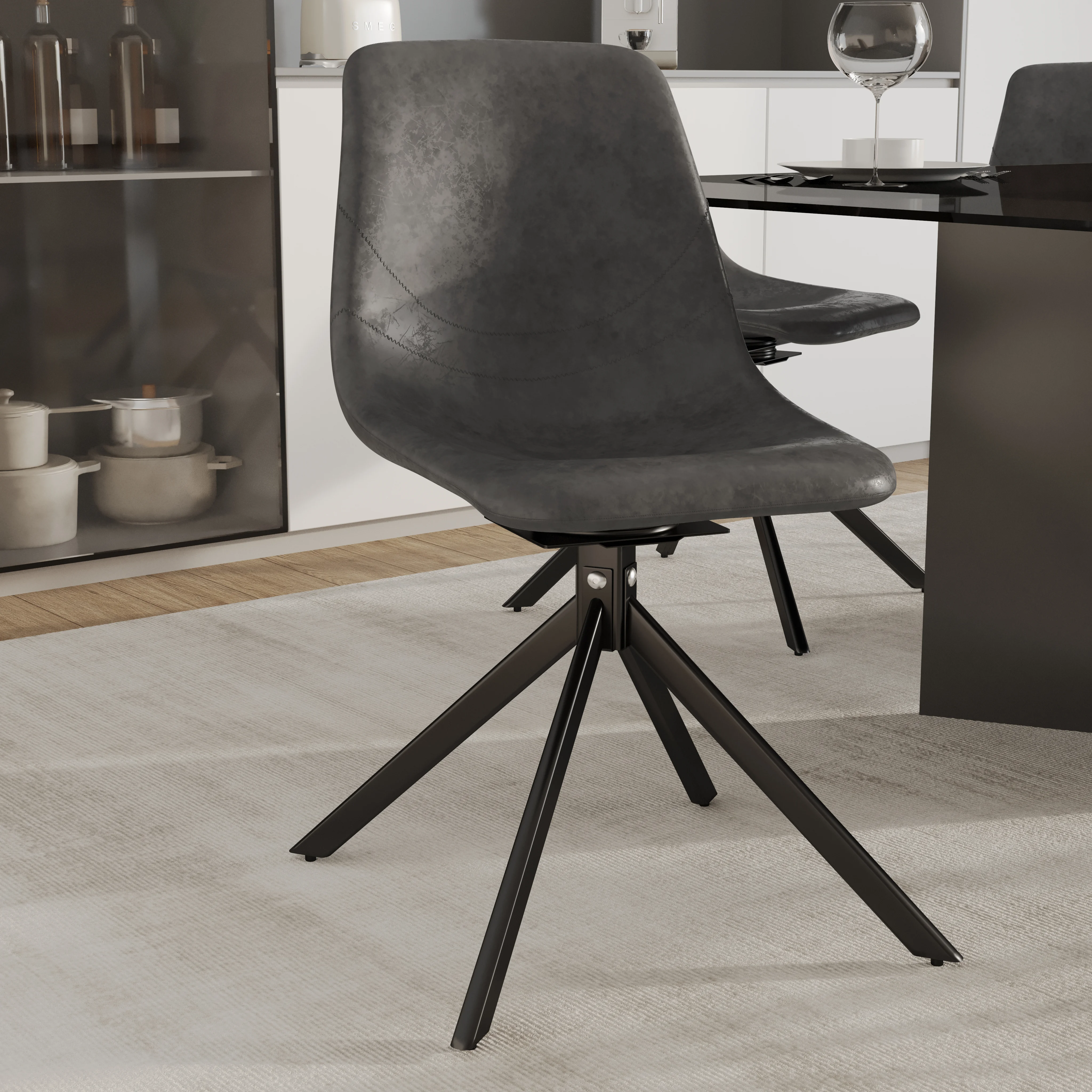 Markley Modern Leather Swival Dining Chair With Metal Legs in Grey