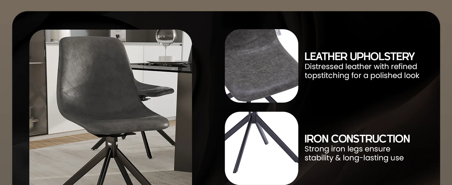 Markley Modern Leather Swival Dining Chair With Metal Legs in Grey