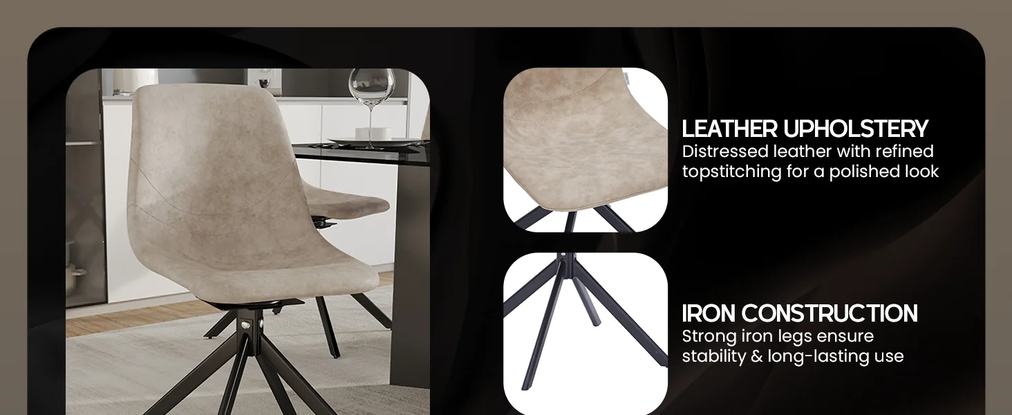 Markley Modern Leather Swival Dining Chair With Metal Legs in Taupe