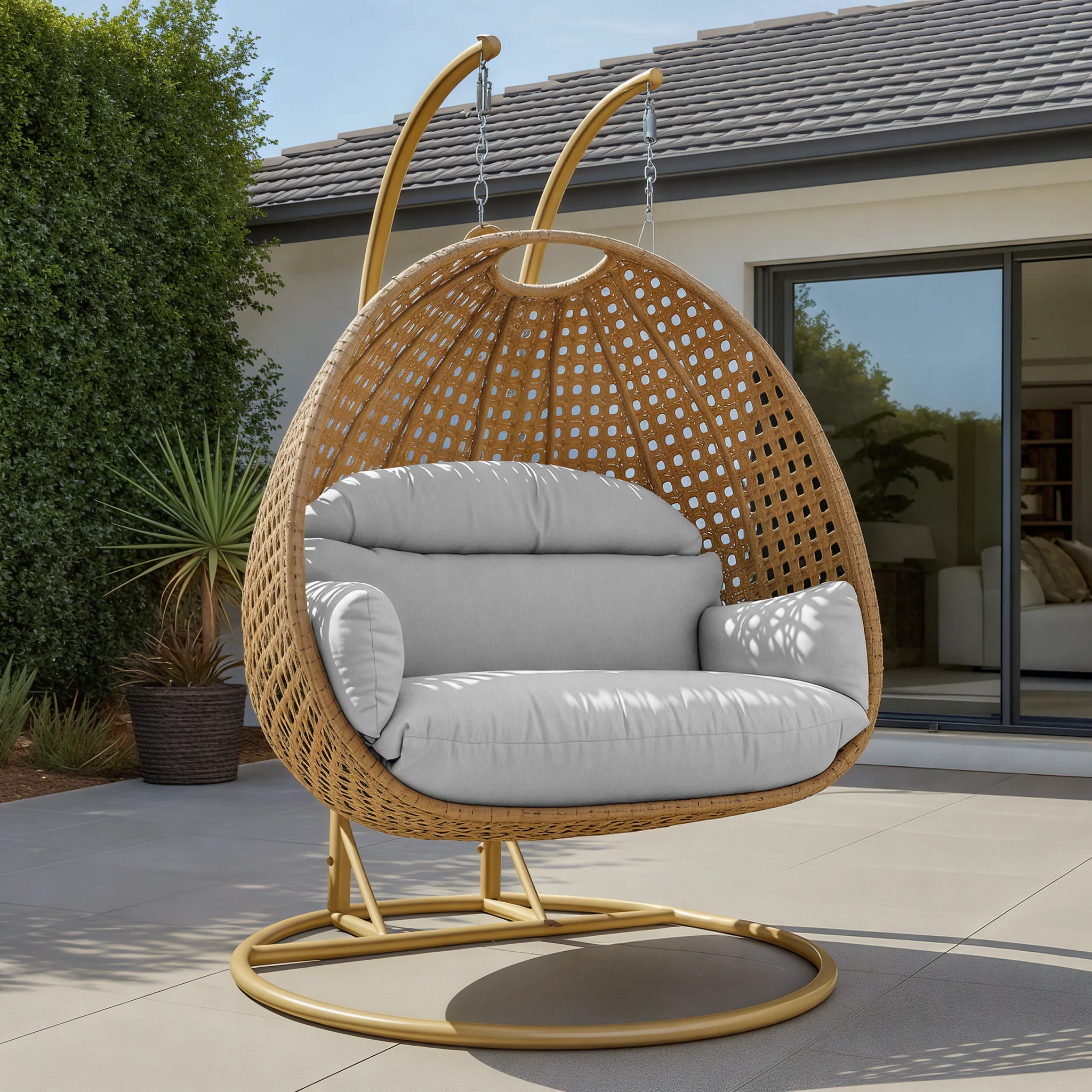 Mendoza Light Brown Wicker Hanging 2 person Egg Swing Chair