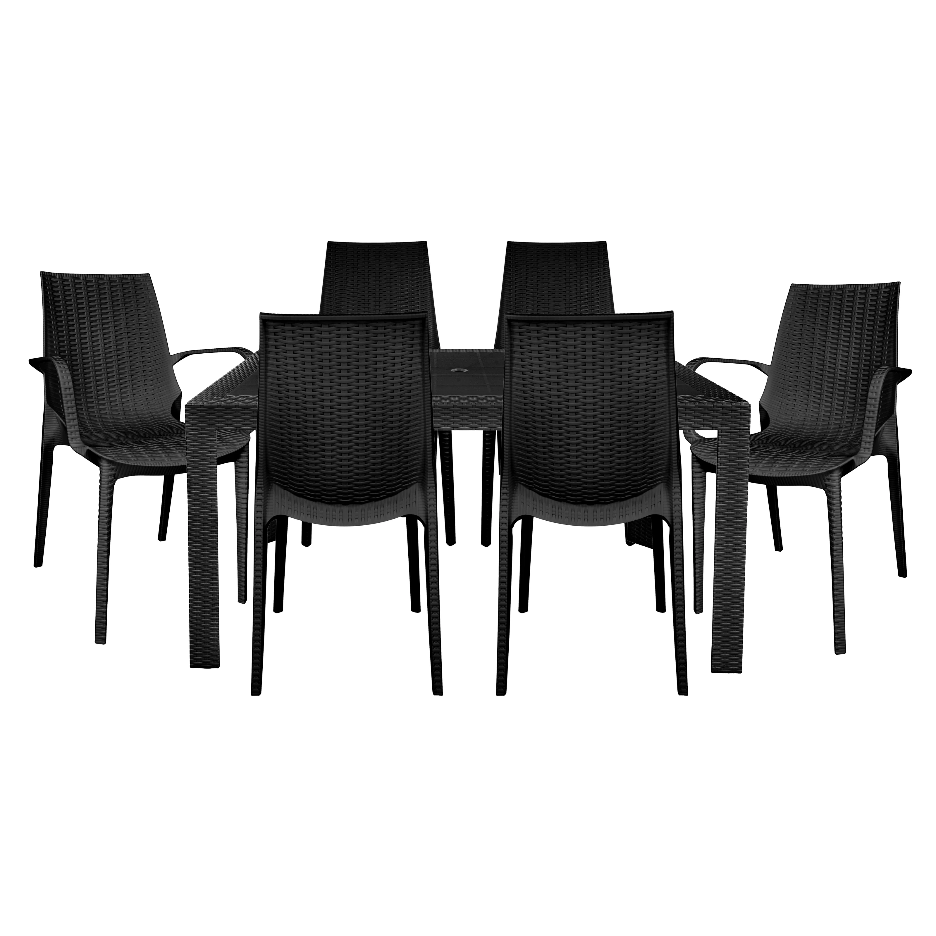 Kent Mid-Century 7-Piece Rectangular Outdoor Dining Set with 4 Side Chairs and 2 Armchairs