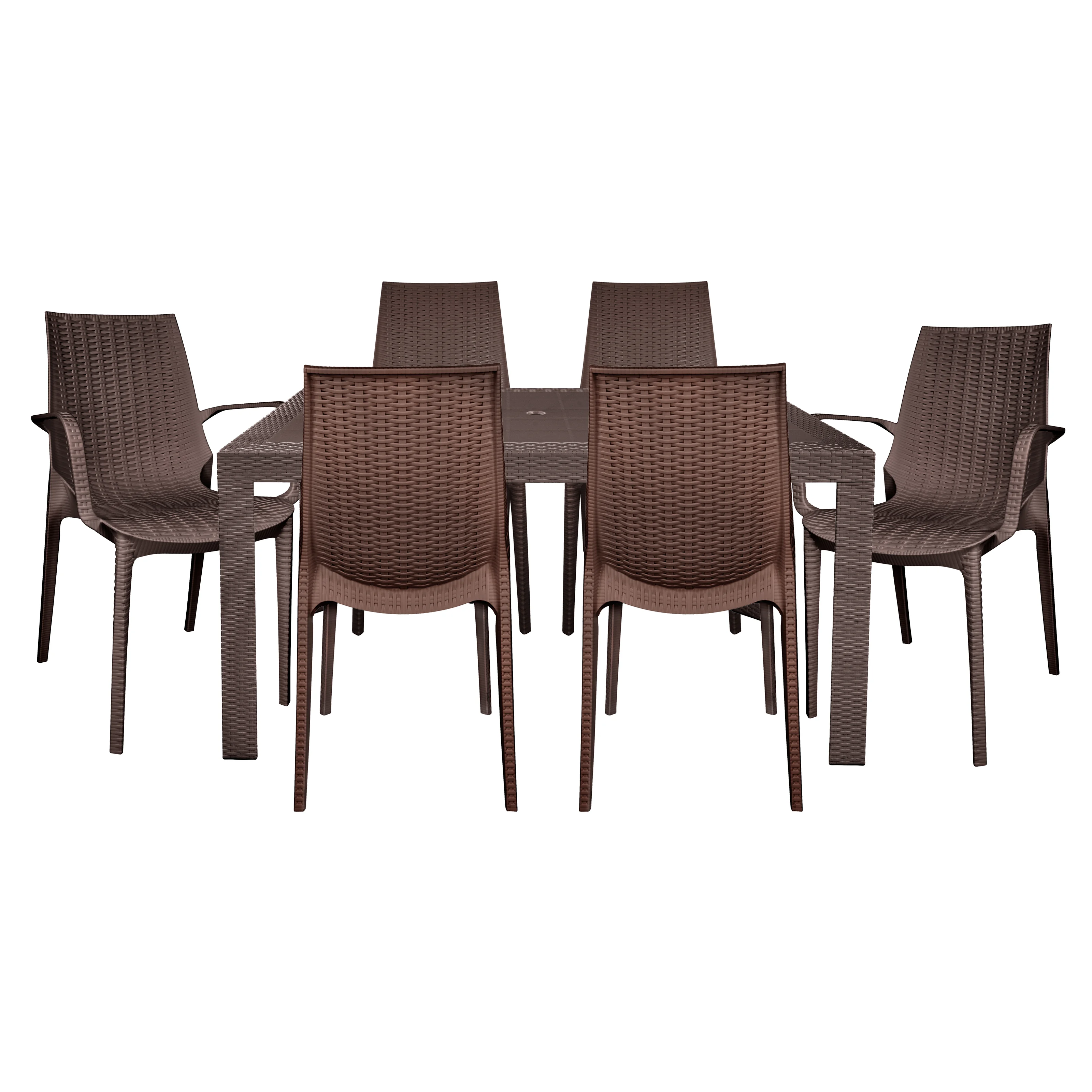 Kent Mid-Century 7-Piece Rectangular Outdoor Dining Set with 4 Side Chairs and 2 Armchairs