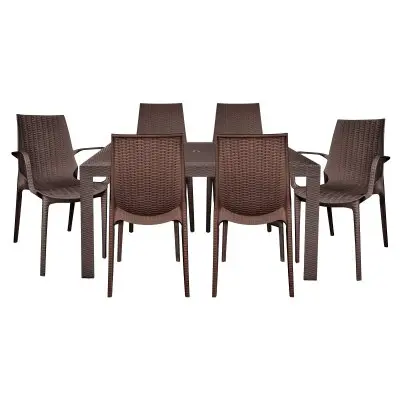 Kent Mid-Century 7-Piece Rectangular Outdoor Dining Set with 4 Side Chairs and 2 Armchairs