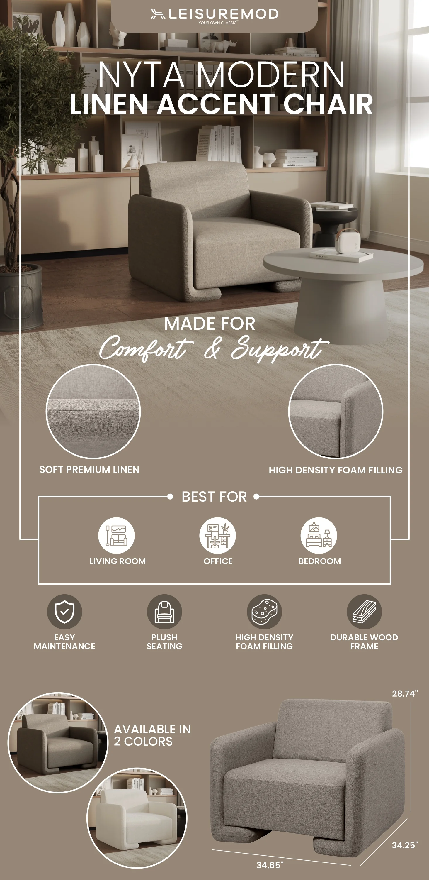 Nyta Collection Modern Accent Chair in Grey Linen