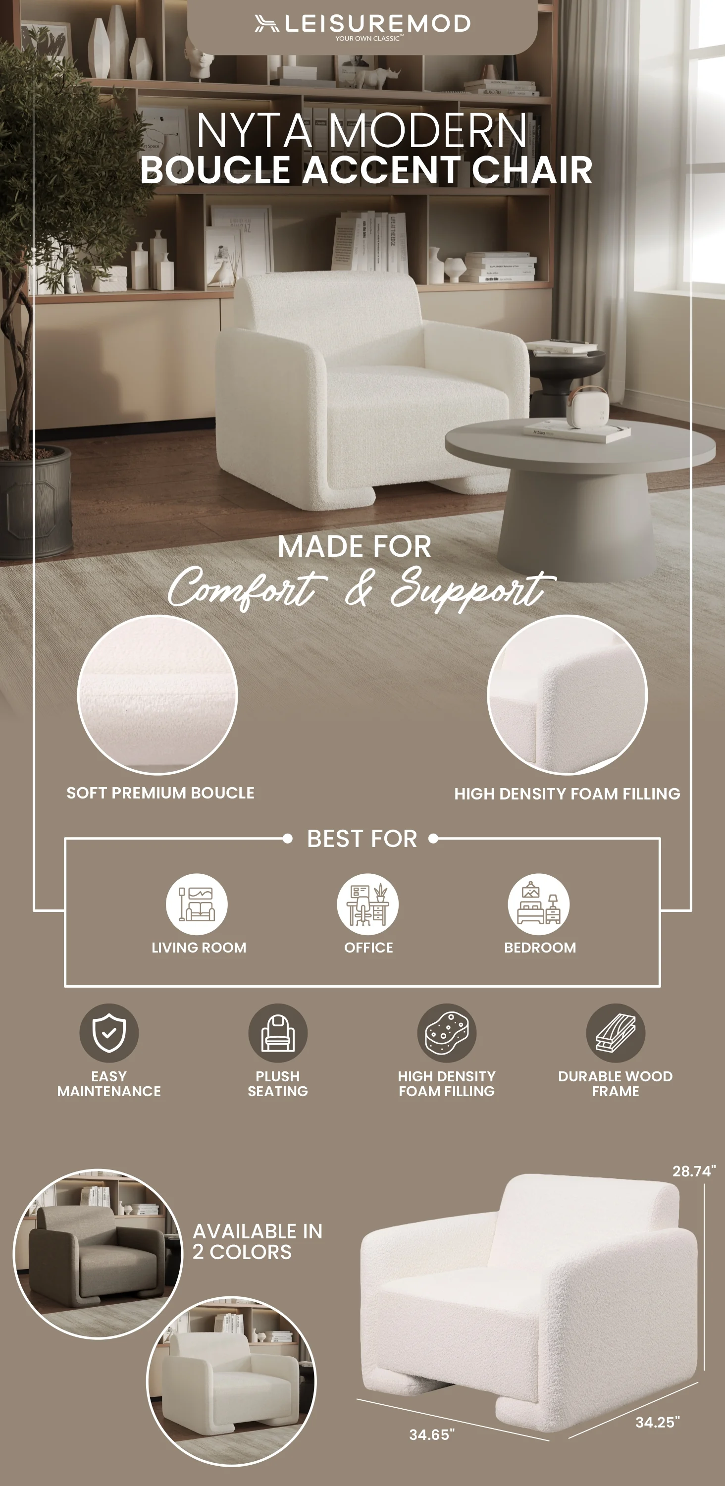 Nyta Collection Modern Accent Chair in White Boucle