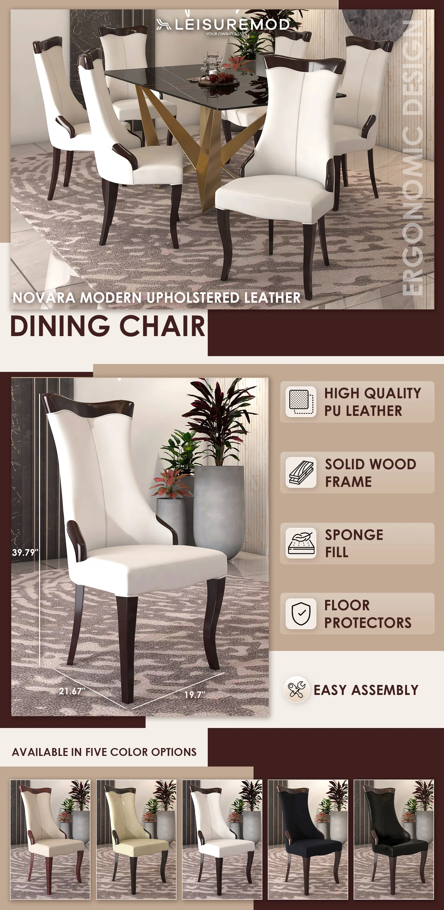 Novara Collection Modern Wooden Dining Chair in Off White Velvet