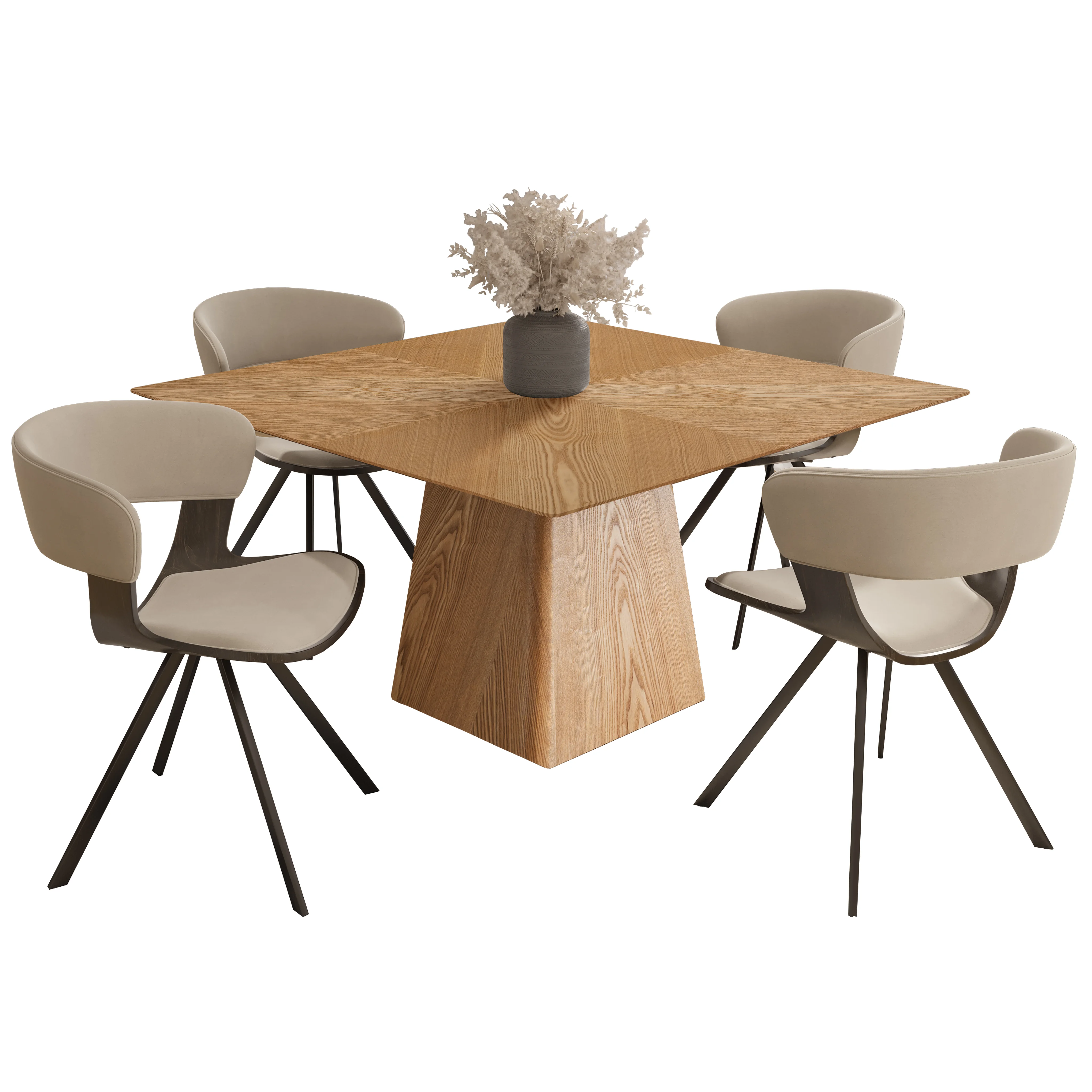 5-Piece Dining Set with Square Wooden Table in Natural Wood and 4 Leather Dining Chairs in Dark Walnut/Light Taupe