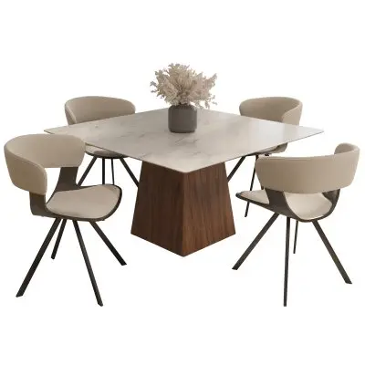 5-Piece Dining Set with Square Dining Table White Sintered Stone Top and 4 Leather Dining Chairs in Dark Walnut/Light Taupe