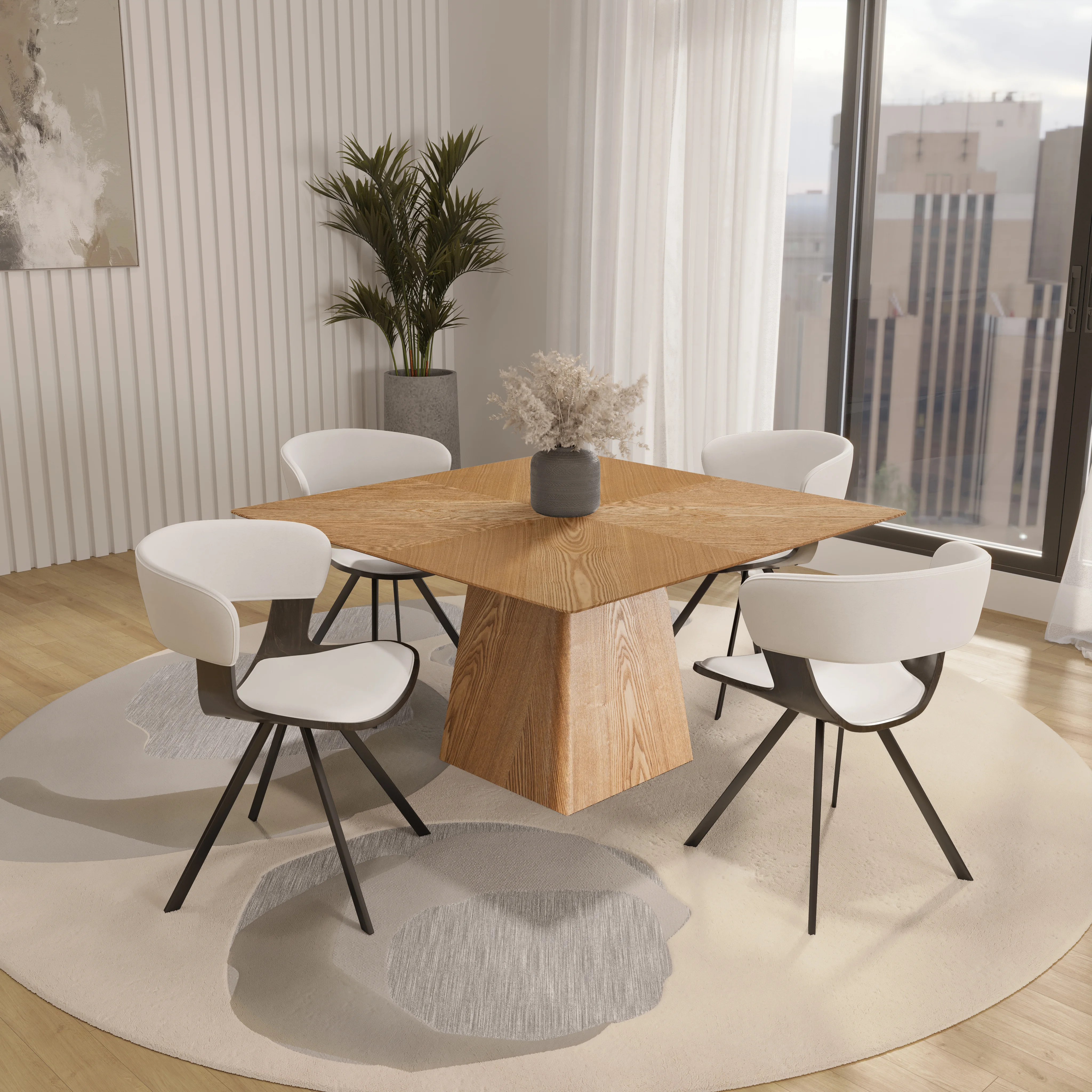5-Piece Dining Set with Square Wooden Table in Natural Wood and 4 Leather Dining Chairs in Dark Walnut/White