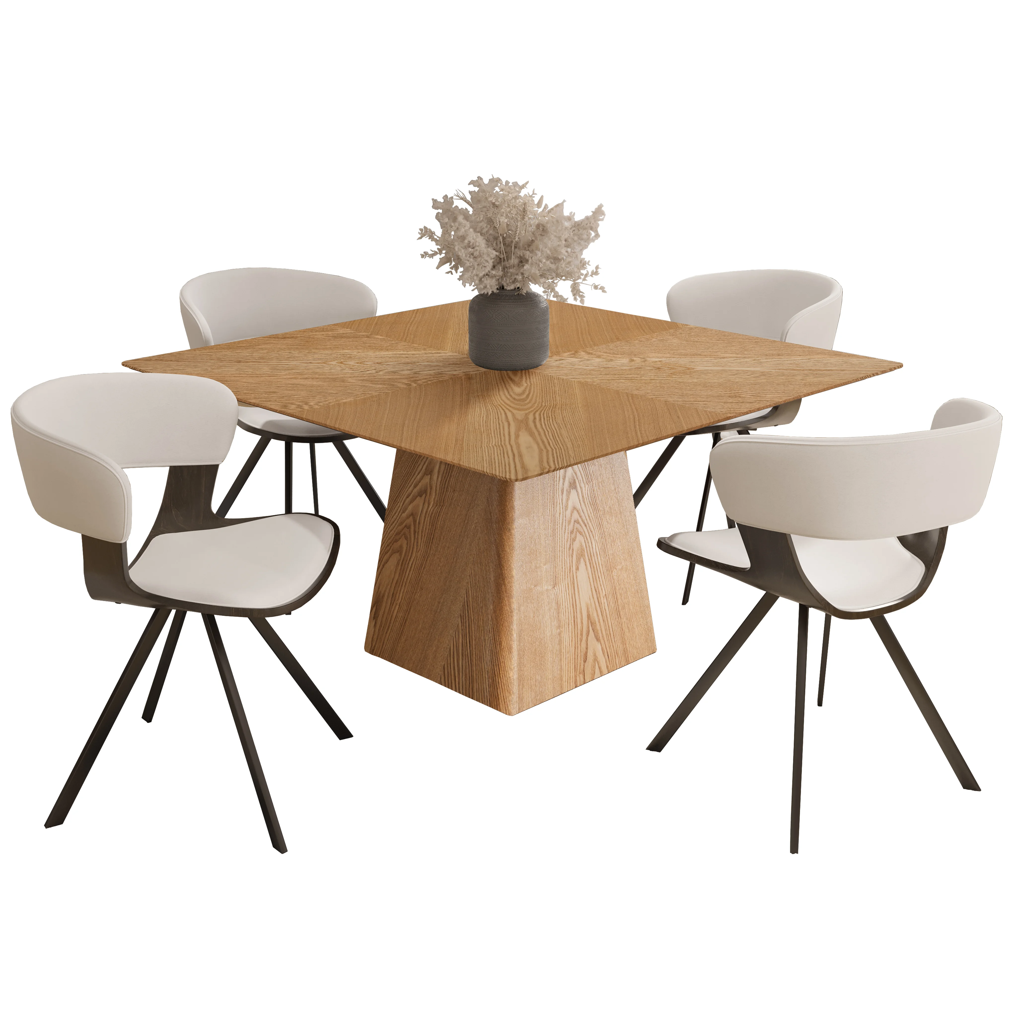 5-Piece Dining Set with Square Wooden Table in Natural Wood and 4 Leather Dining Chairs in Dark Walnut/White