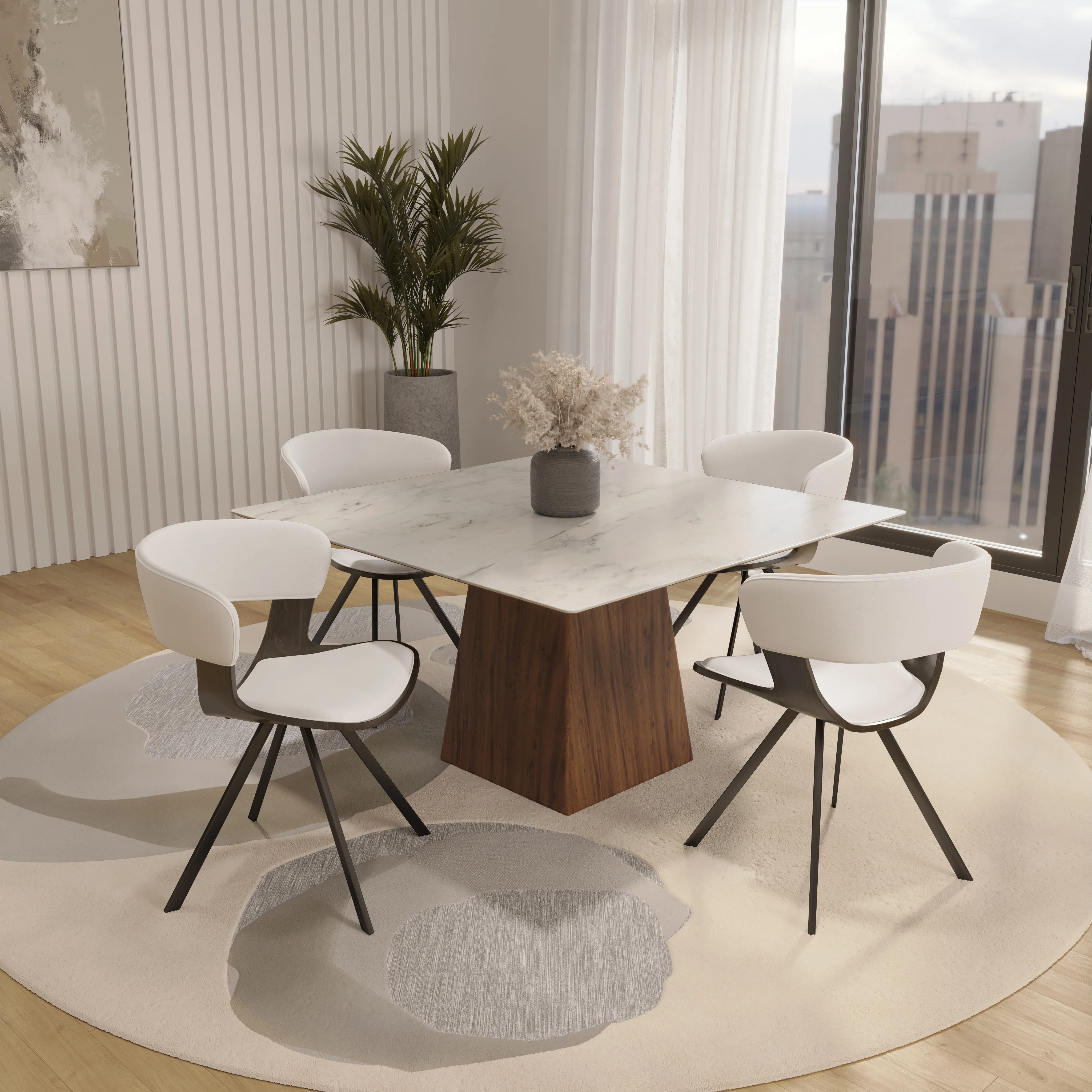 5-Piece Dining Set with Square Dining Table White Sintered Stone Top and 4 Leather Dining Chairs in Dark Walnut/White