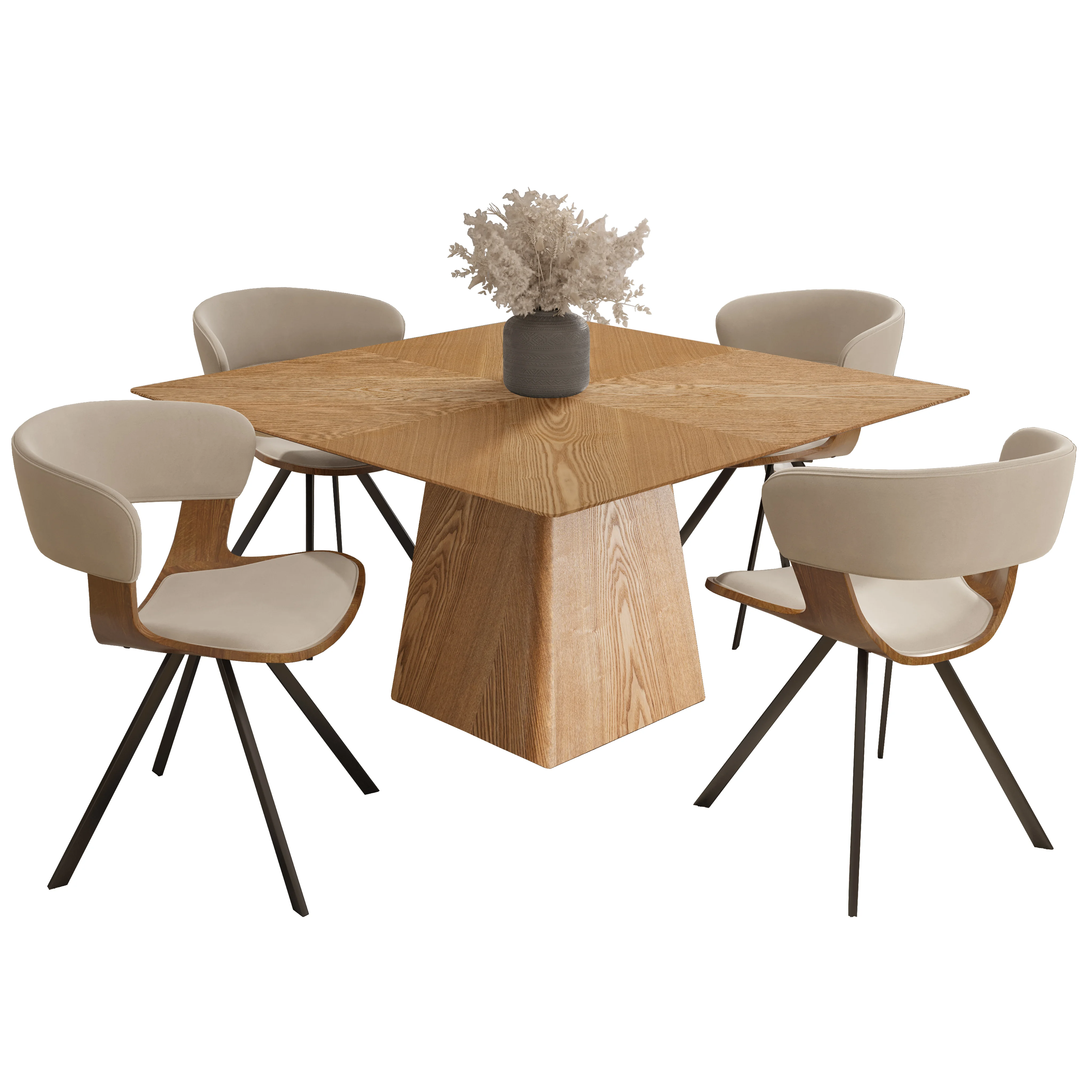 5-Piece Dining Set with Square Wooden Table in Natural Wood and 4 Velvet Dining Chairs in Walnut/Light Brown Velvet