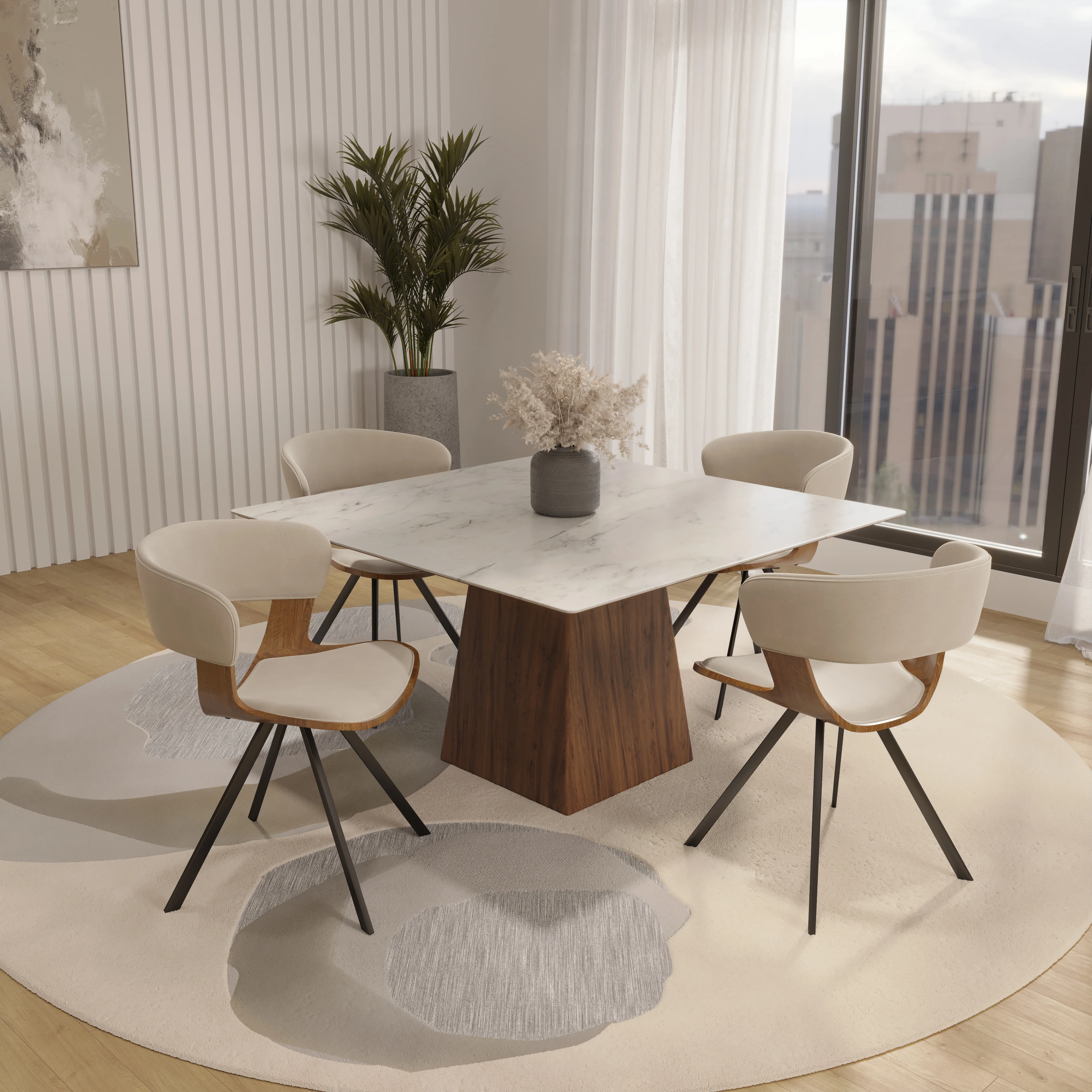 5-Piece Dining Set with Square Dining Table White Sintered Stone Top and 4 Velvet Dining Chairs in Walnut/Light Brown Velvet