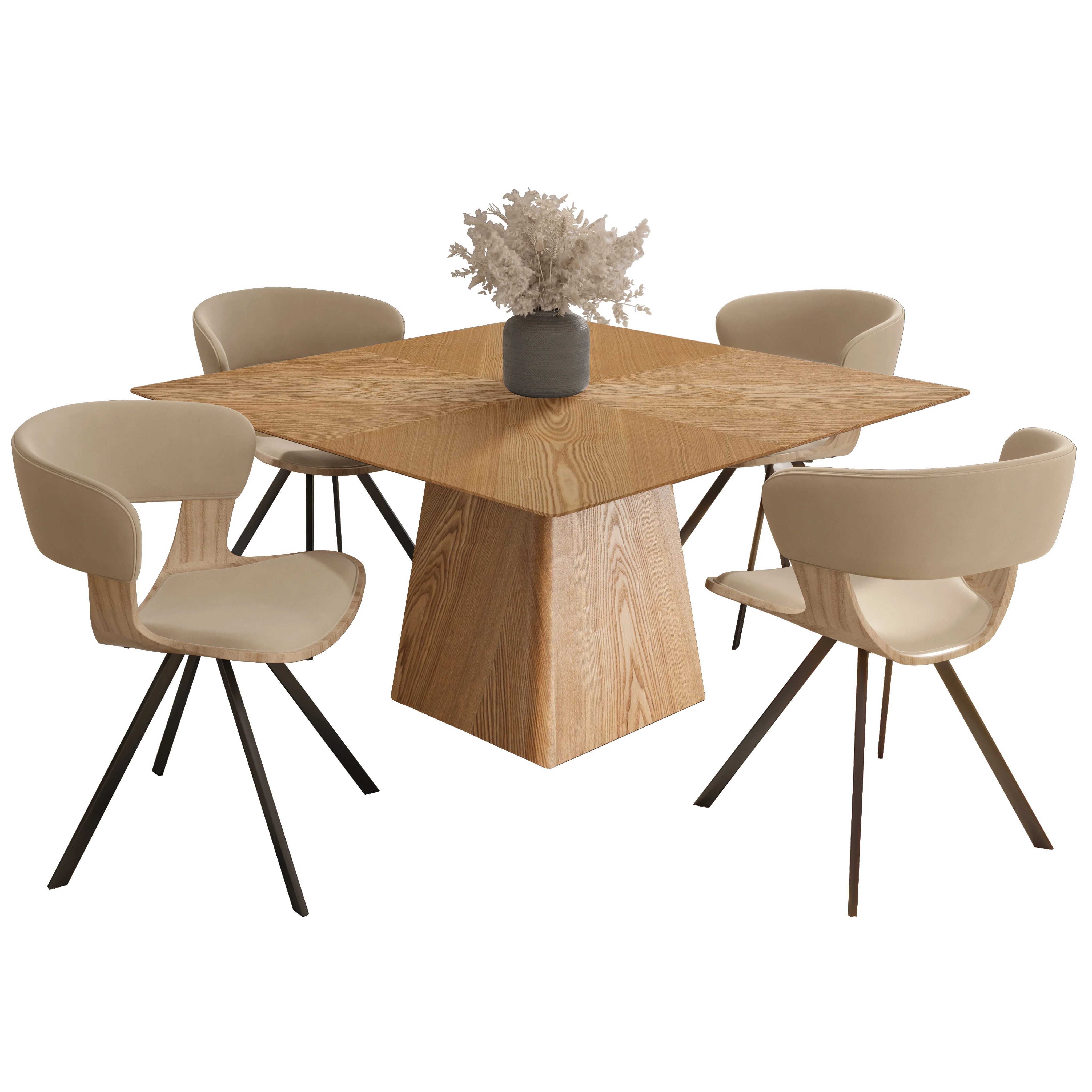 5-Piece Dining Set with Square Wooden Table in Natural Wood and 4 Leather Dining Chairs in Washed Walnut/Taupe
