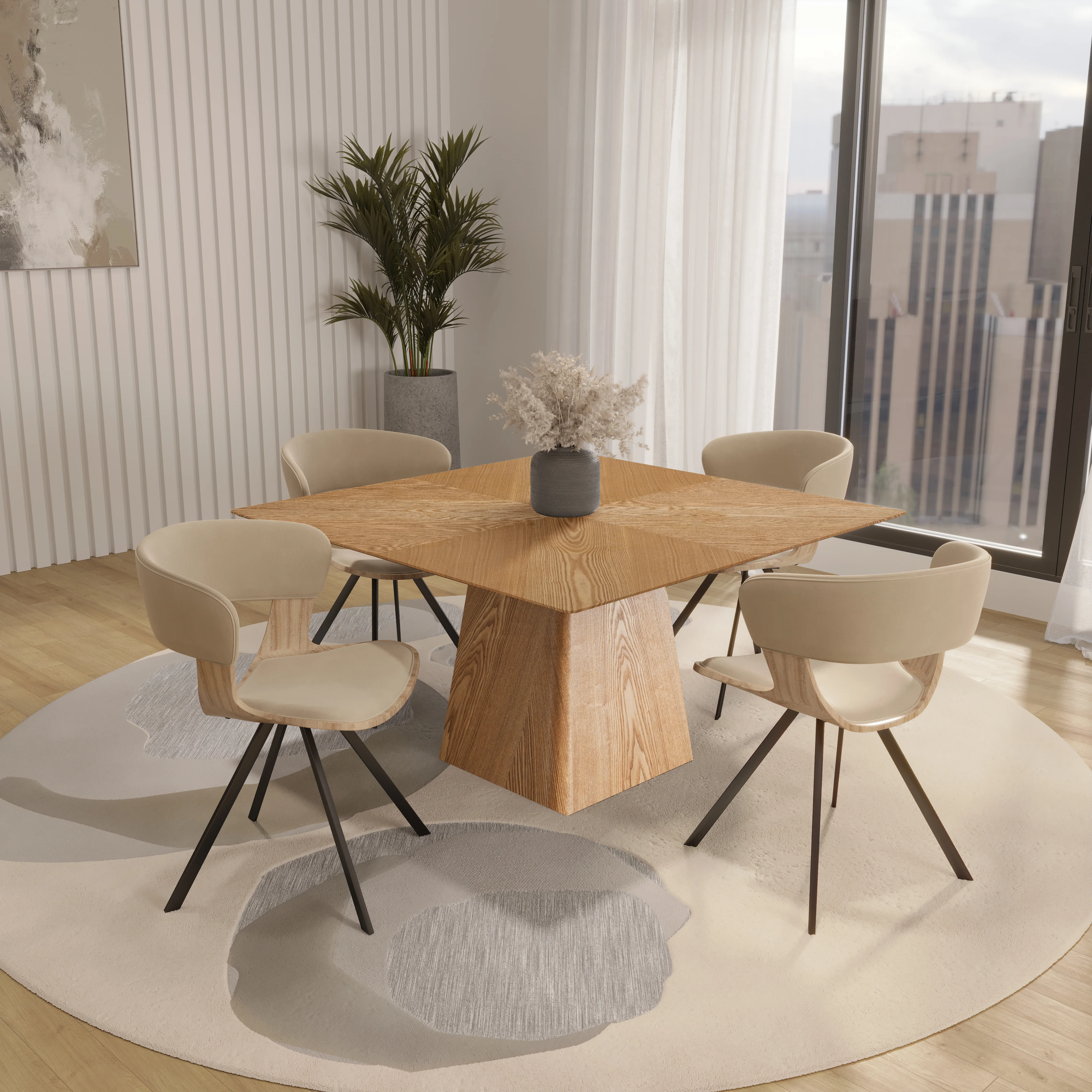 5-Piece Dining Set with Square Wooden Table in Natural Wood and 4 Leather Dining Chairs in Washed Walnut/Taupe