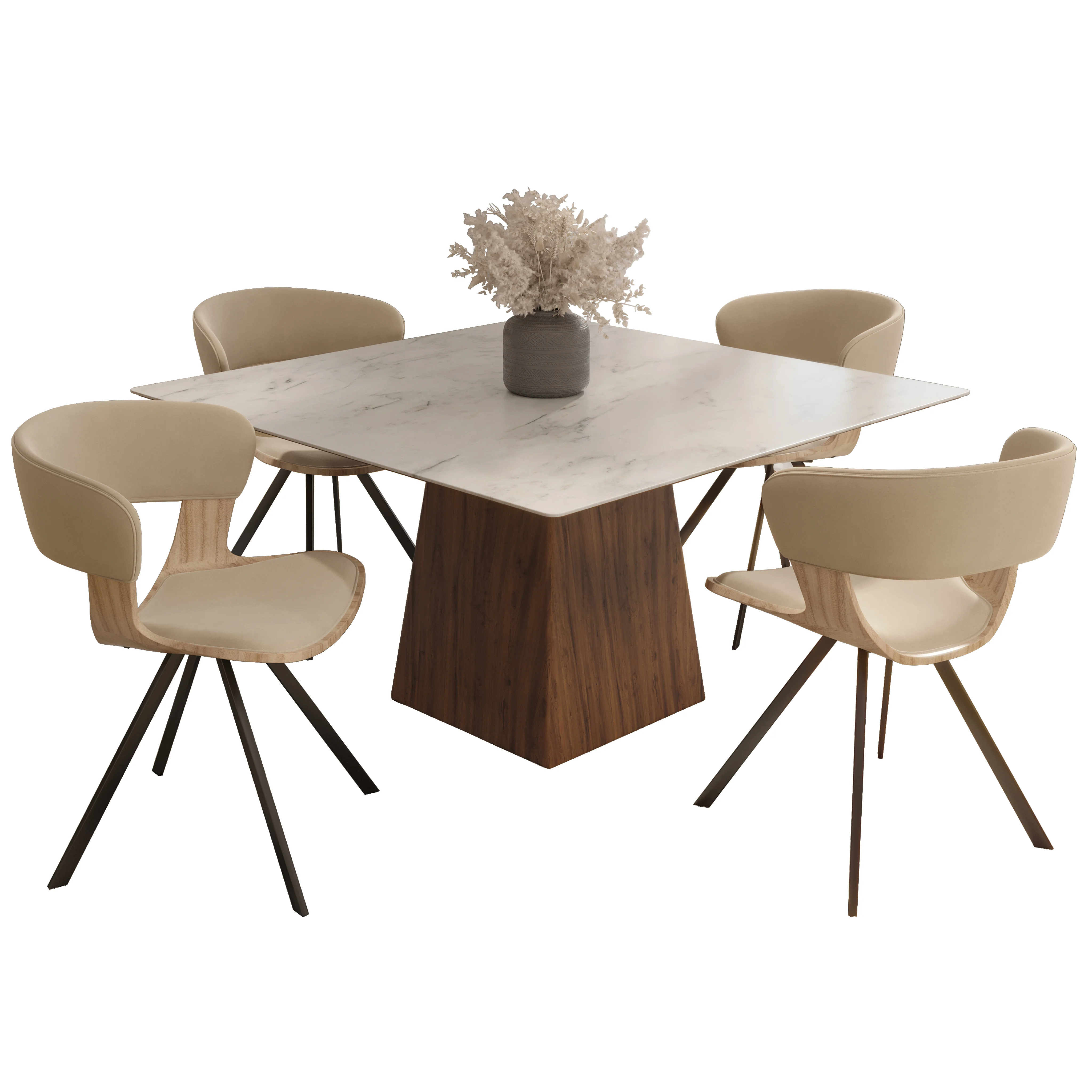 5-Piece Dining Set with Square Dining Table White Sintered Stone Top and 4 Leather Dining Chairs in Washed Walnut/Taupe