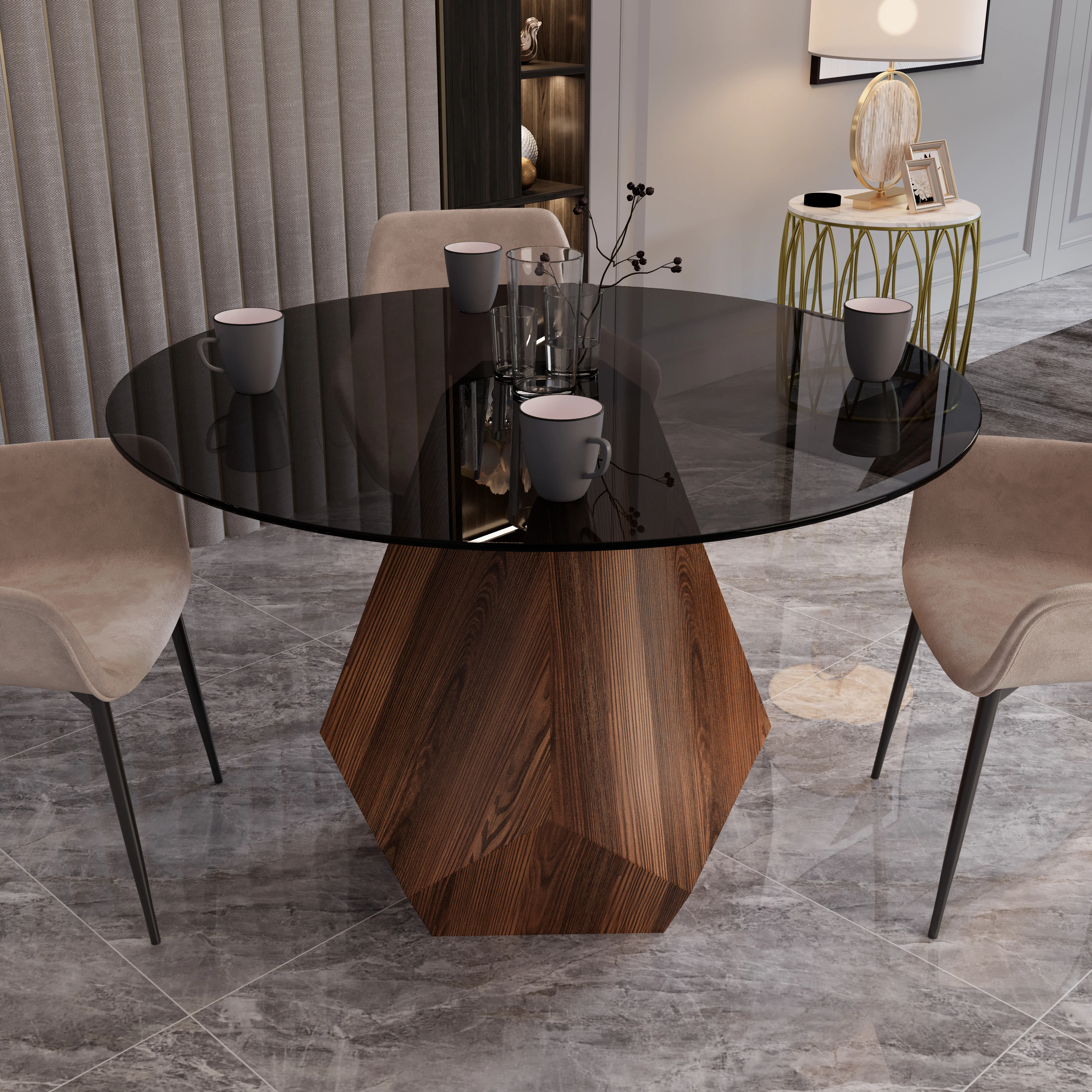 Nebo Modern Dining Table in Walnut Base with BLack Glass Top