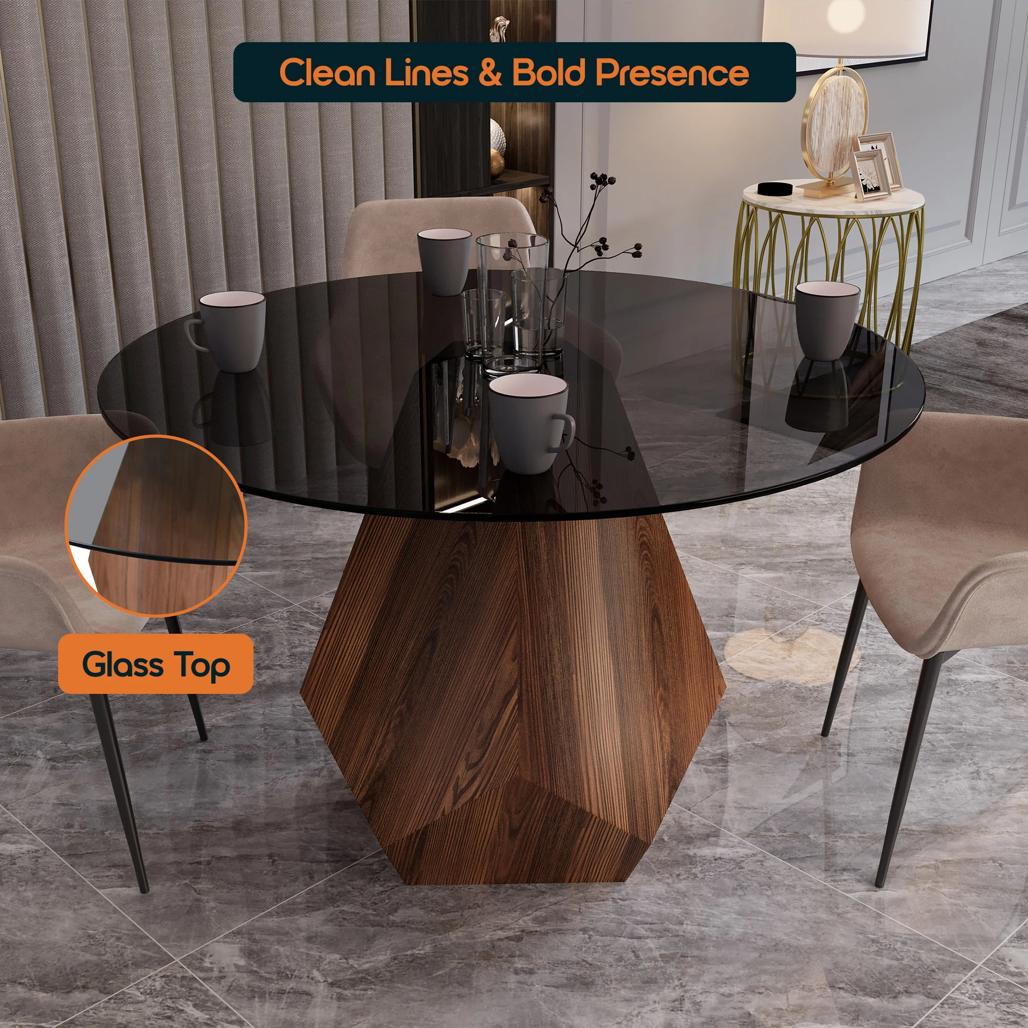 Nebo Modern Dining Table in Walnut Base with BLack Glass Top