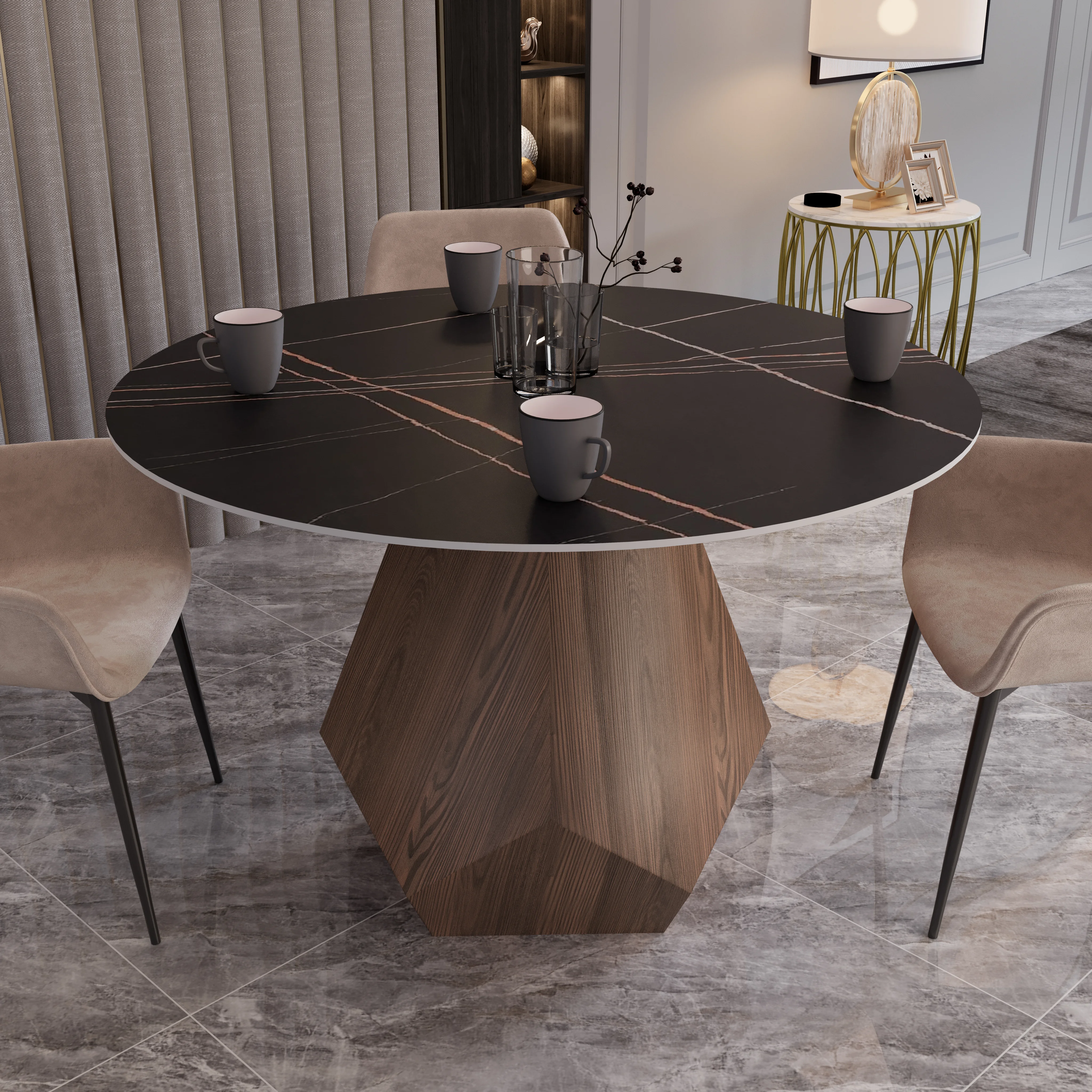 Nebo Modern Dining Table in Walnut Base with Black Sintered Stone  Top