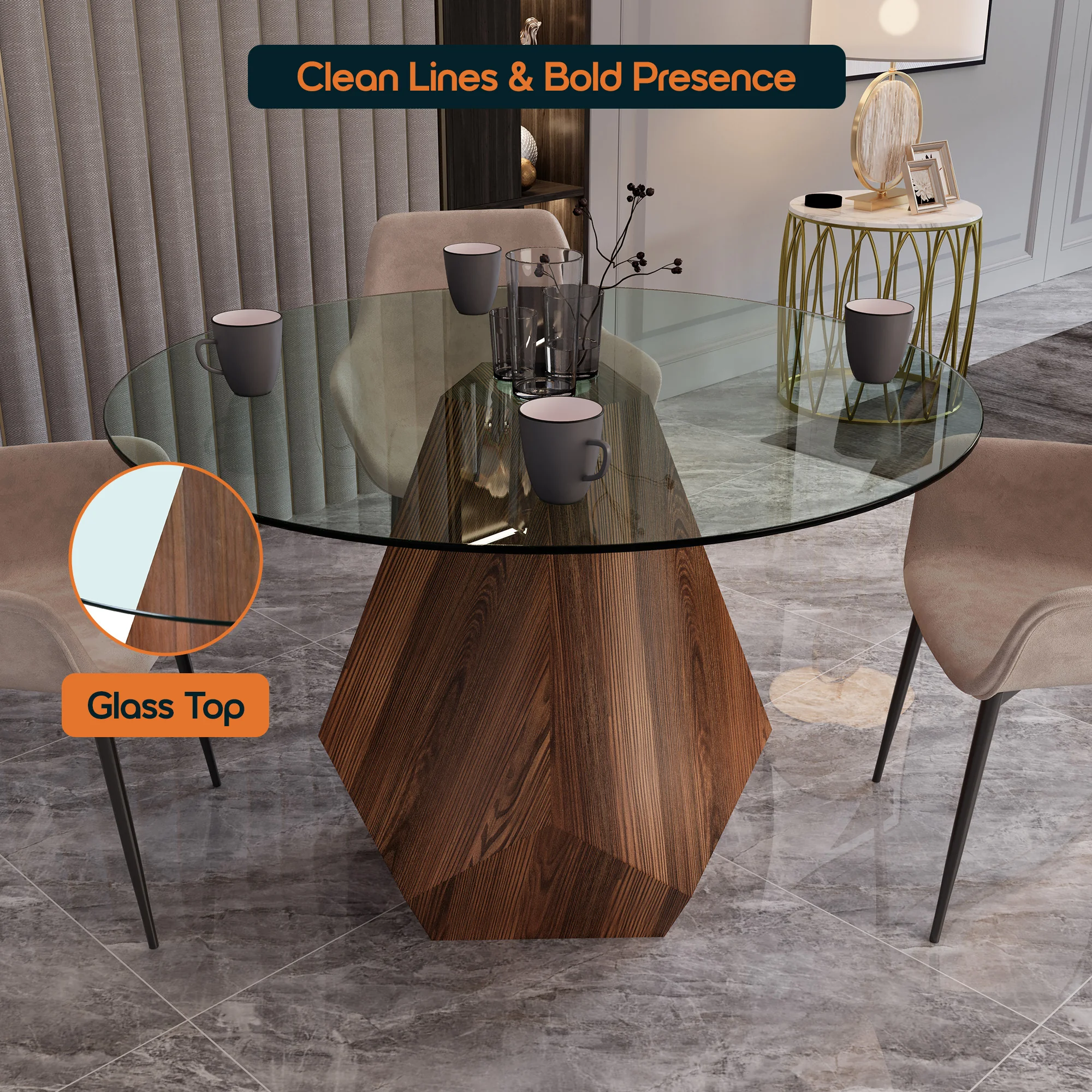 Nebo Modern Dining Table in Walnut Base with Clear Glass Top