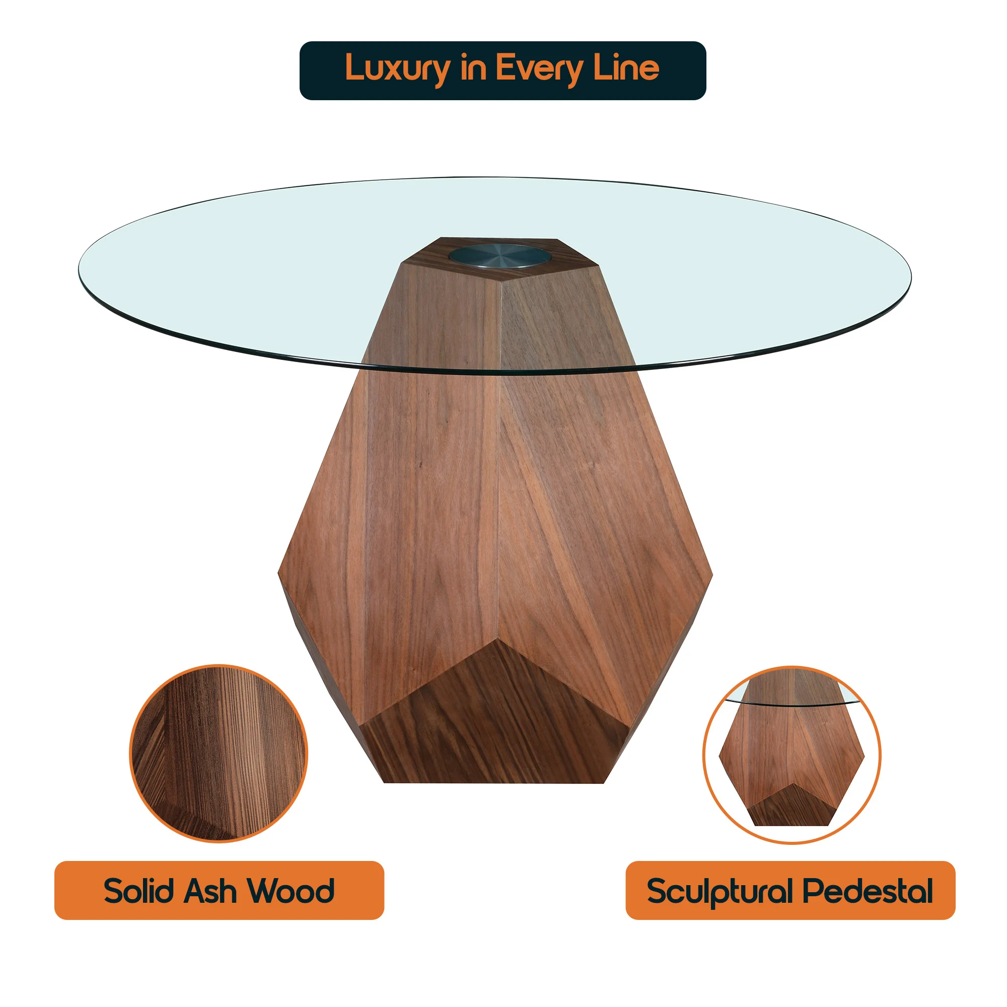 Nebo Modern Dining Table in Walnut Base with Clear Glass Top