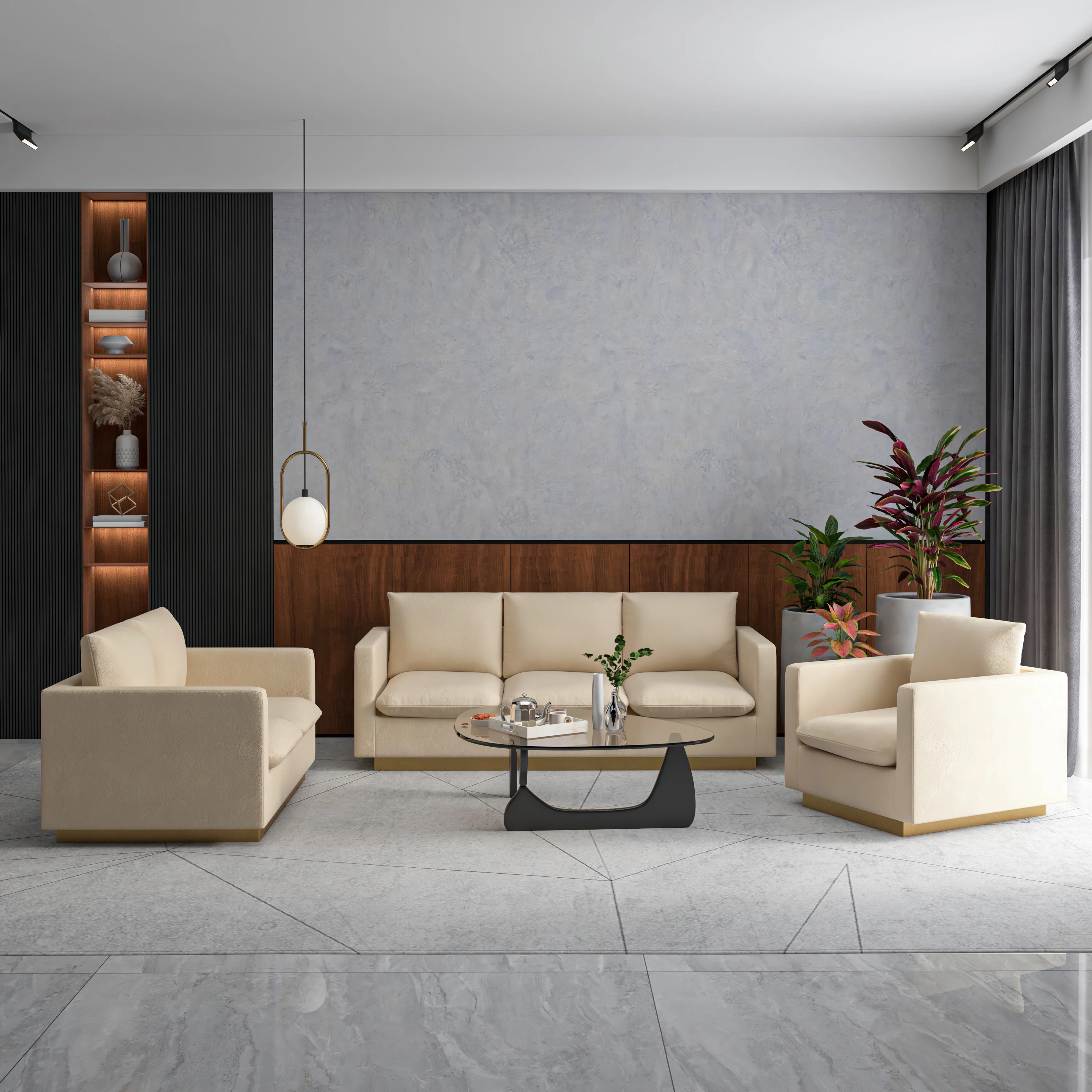 Nervo Velvet 3-Piece Living Room Sofa Set With Gold Frame Beige