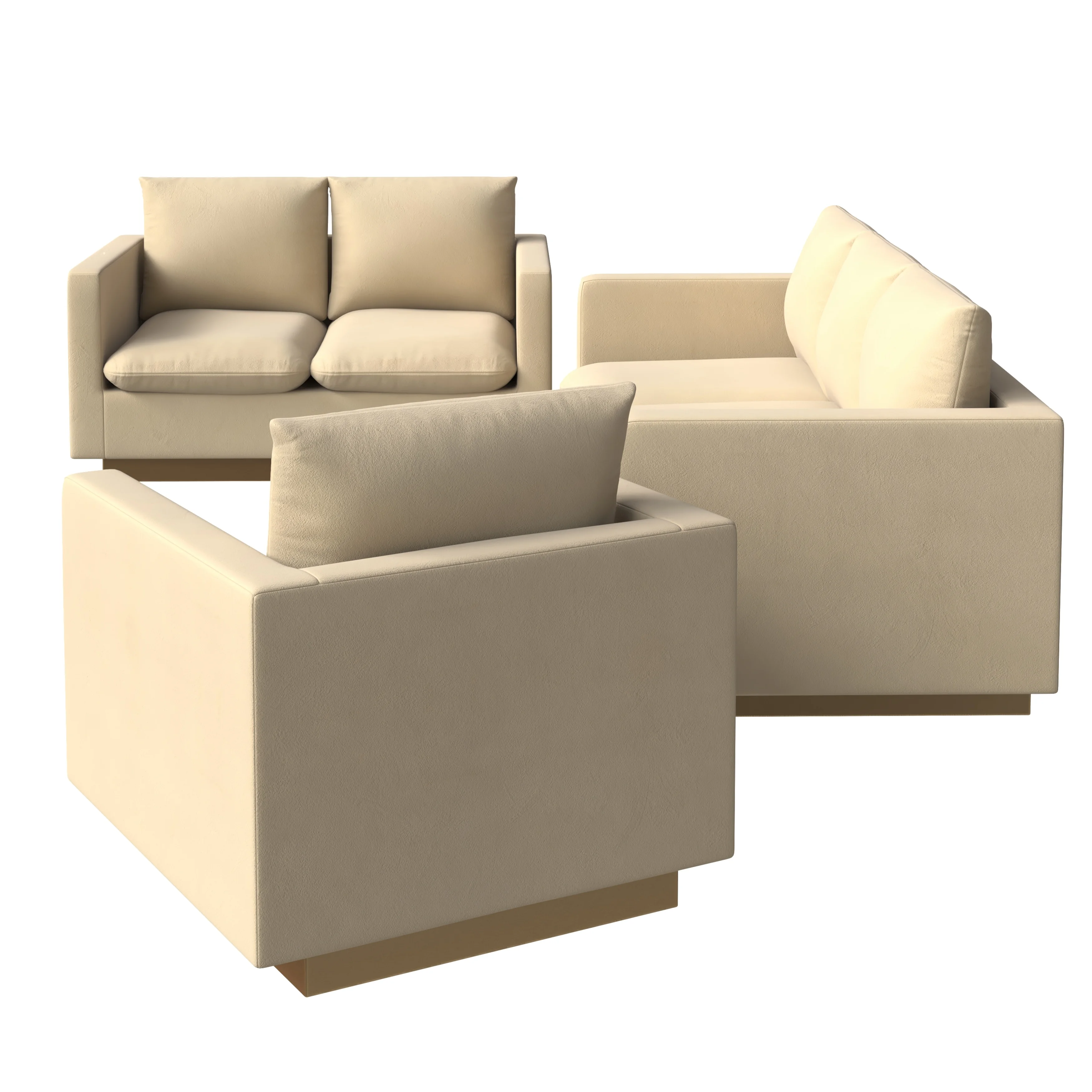 Nervo Velvet 3-Piece Living Room Sofa Set With Gold Frame Beige