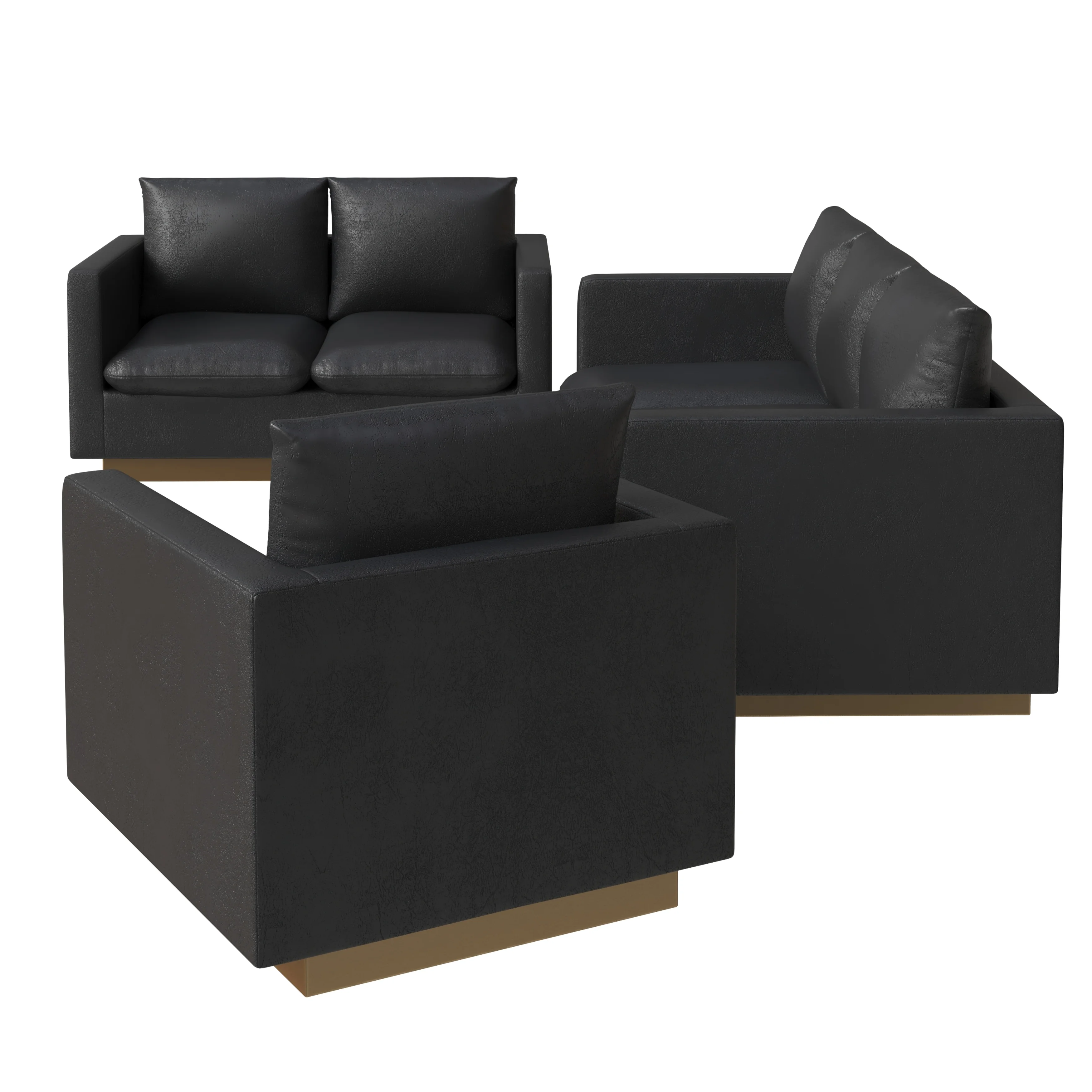 Nervo Leather 3-Piece Living Room Sofa Set With Gold Frame Black