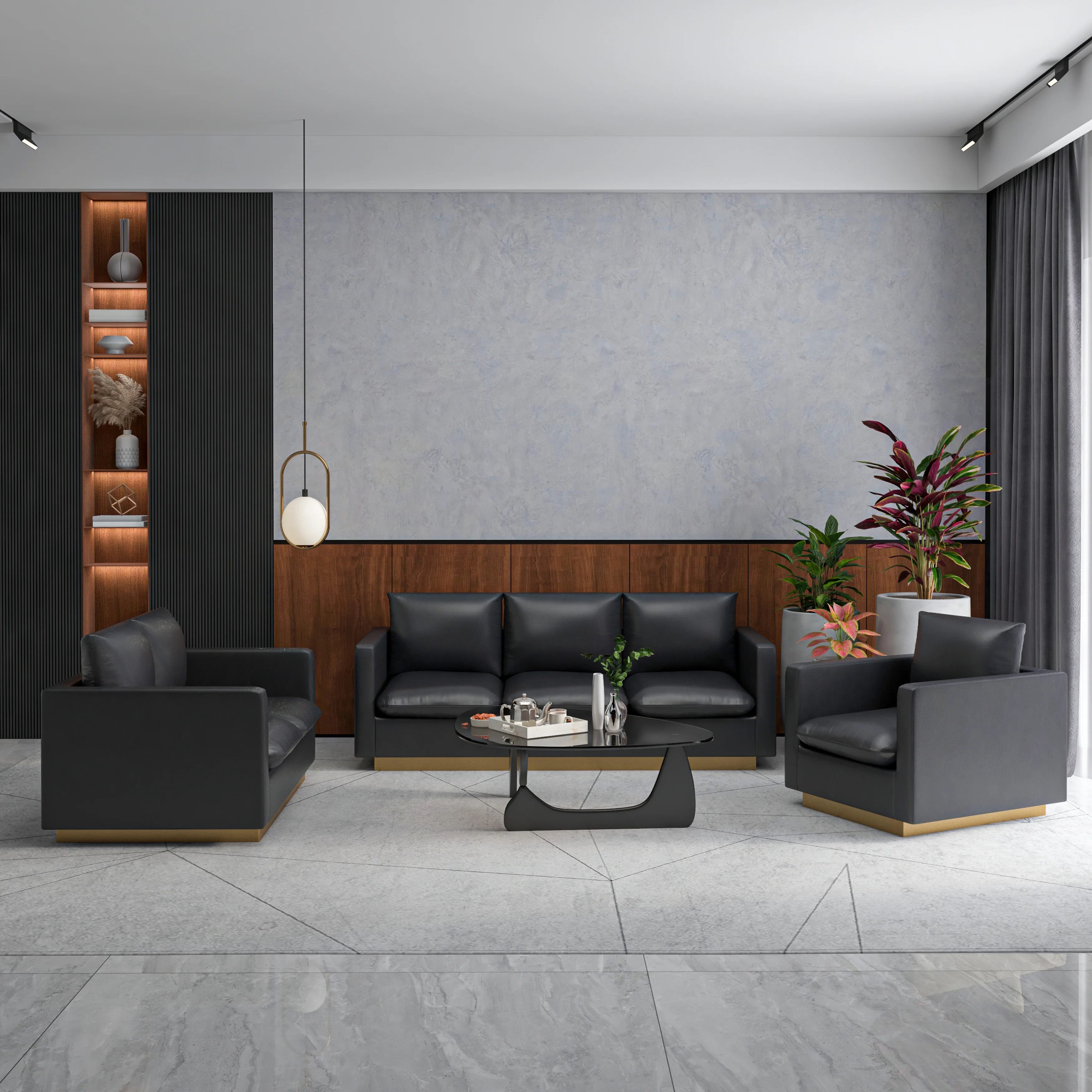 Nervo Leather 3-Piece Living Room Sofa Set With Gold Frame Black