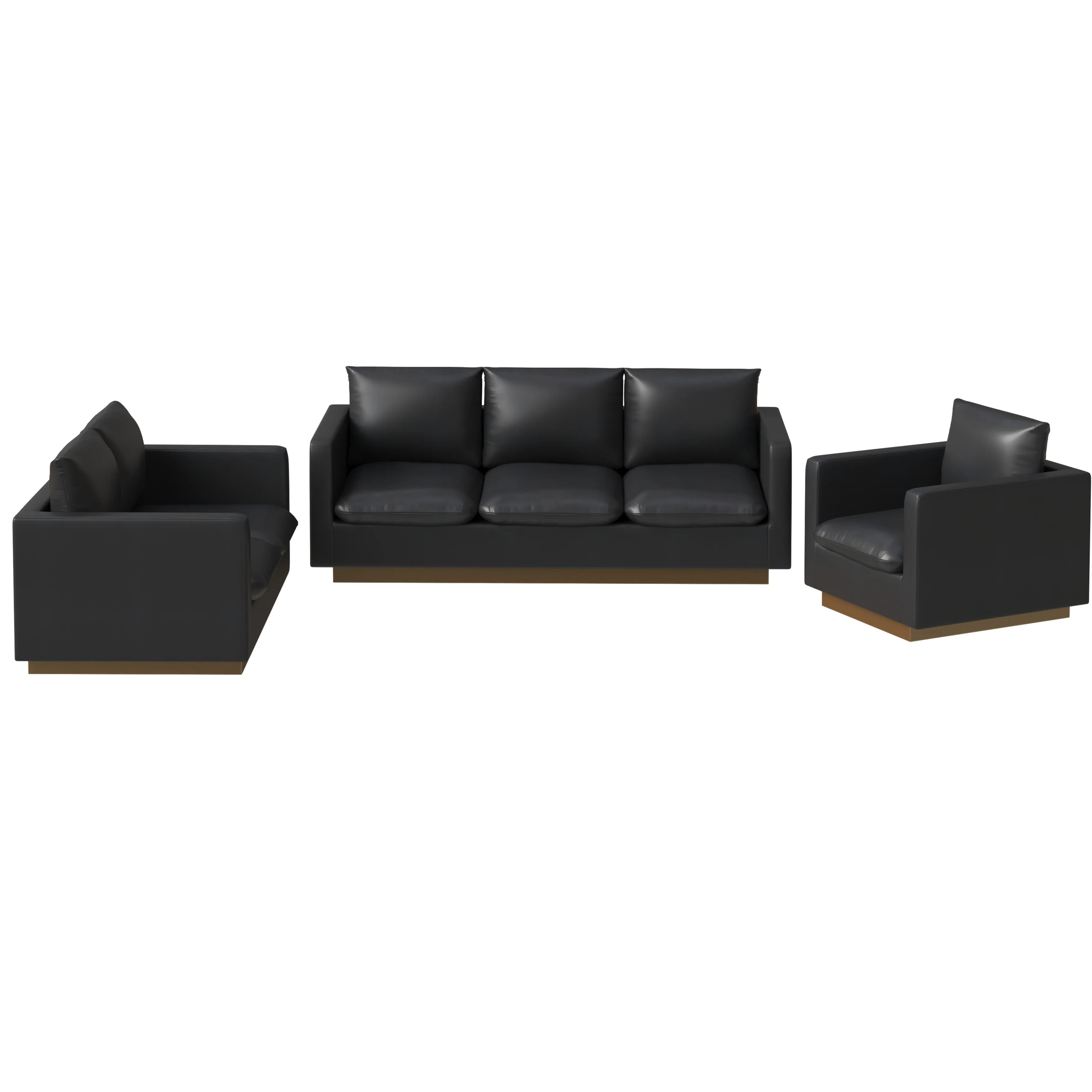 Nervo Leather 3-Piece Living Room Sofa Set With Gold Frame Black