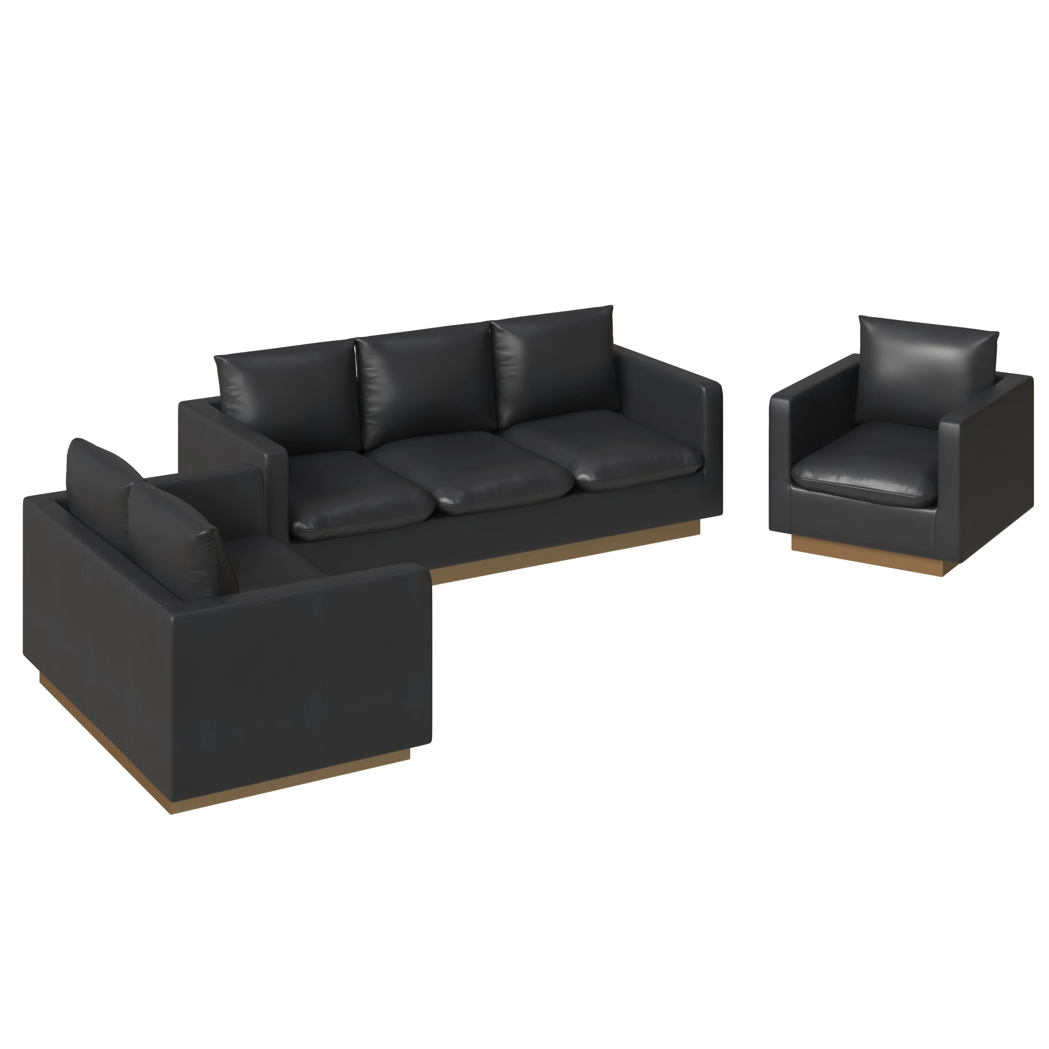 Nervo Leather 3-Piece Living Room Sofa Set With Gold Frame Black
