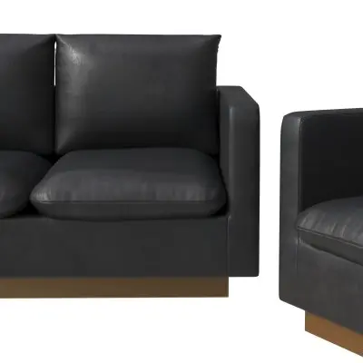 Nervo Leather 3-Piece Living Room Sofa Set With Gold Frame Black