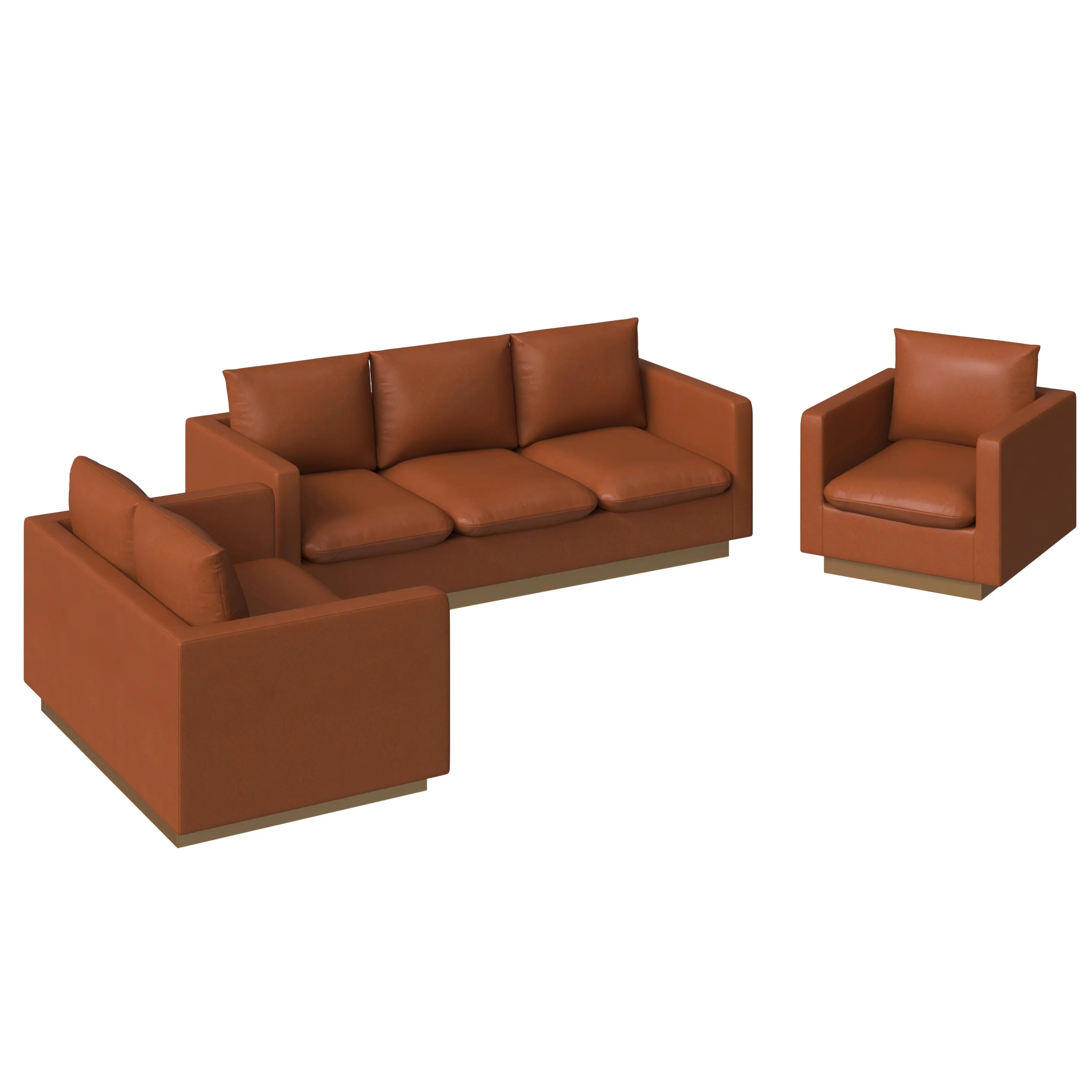 Nervo Leather 3-Piece Living Room Sofa Set With Gold Frame Cognac Tan
