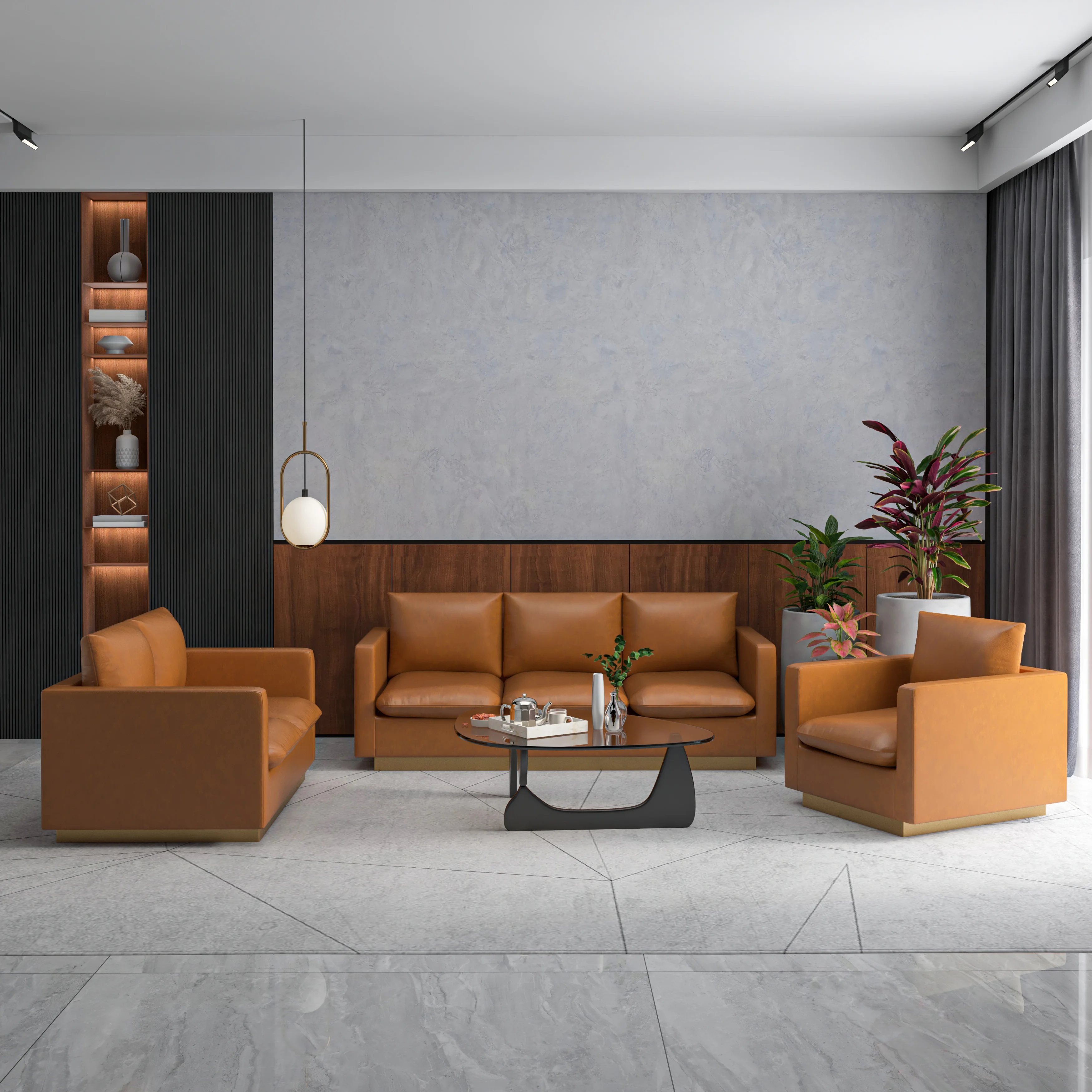 Nervo Leather 3-Piece Living Room Sofa Set With Gold Frame Cognac Tan