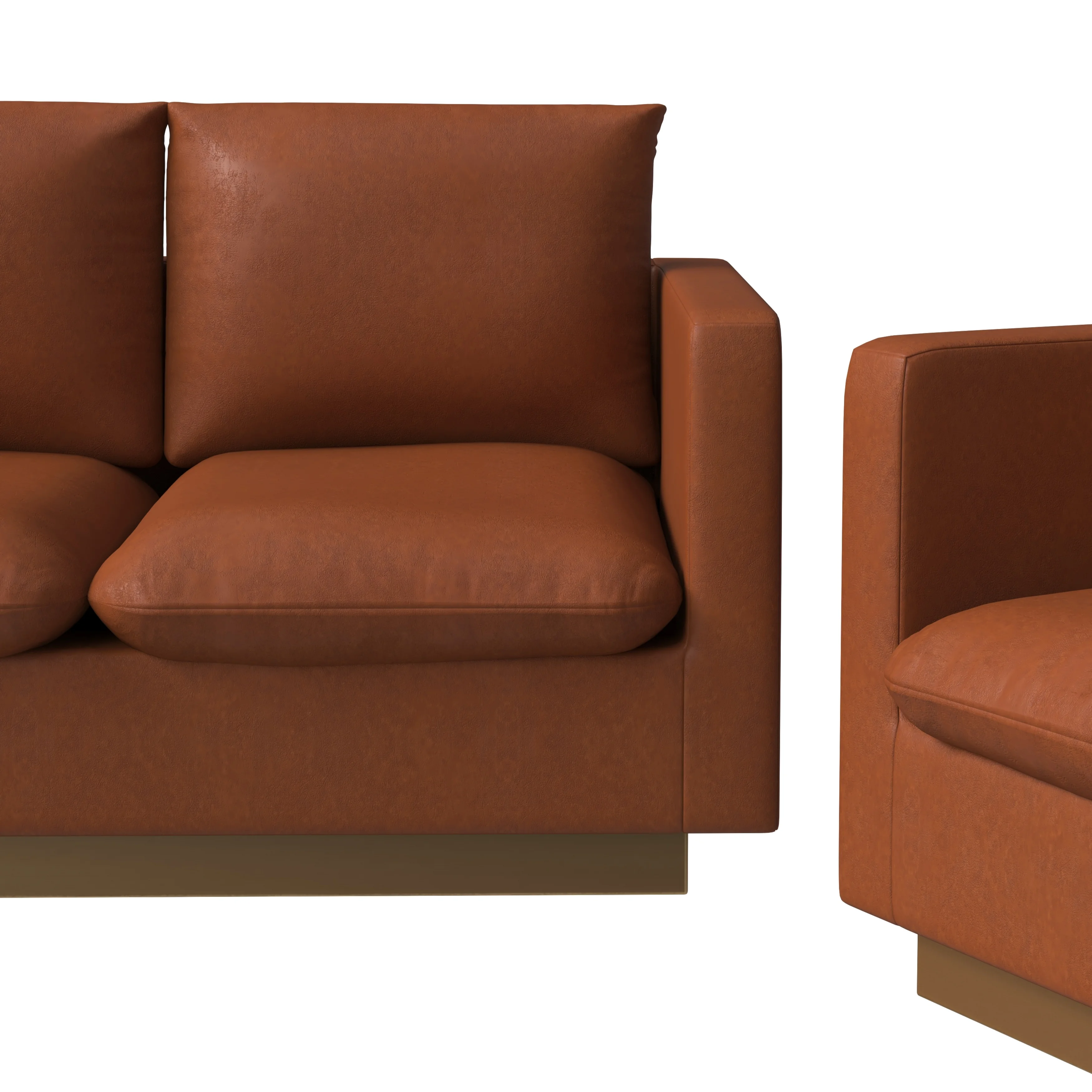 Nervo Leather 3-Piece Living Room Sofa Set With Gold Frame Cognac Tan