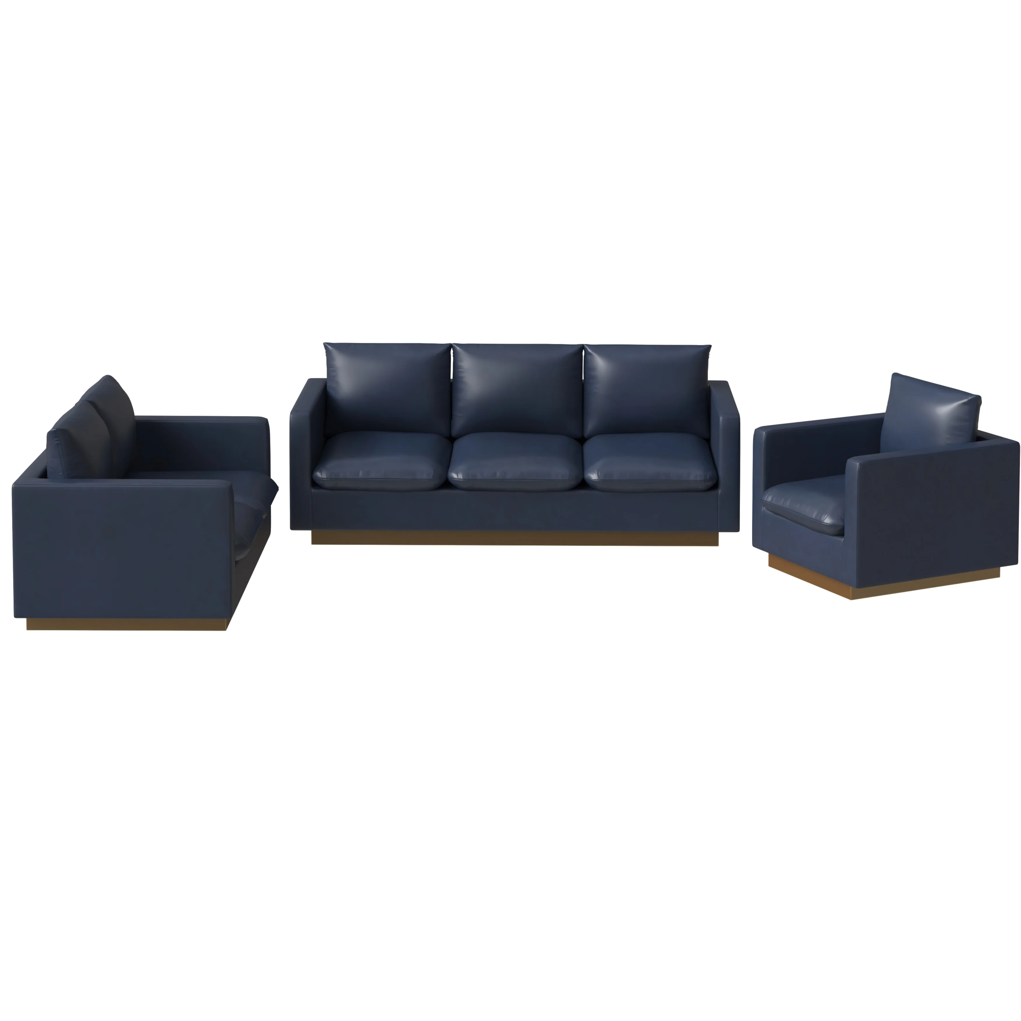 Nervo Leather 3-Piece Living Room Sofa Set With Gold Frame Navy Blue