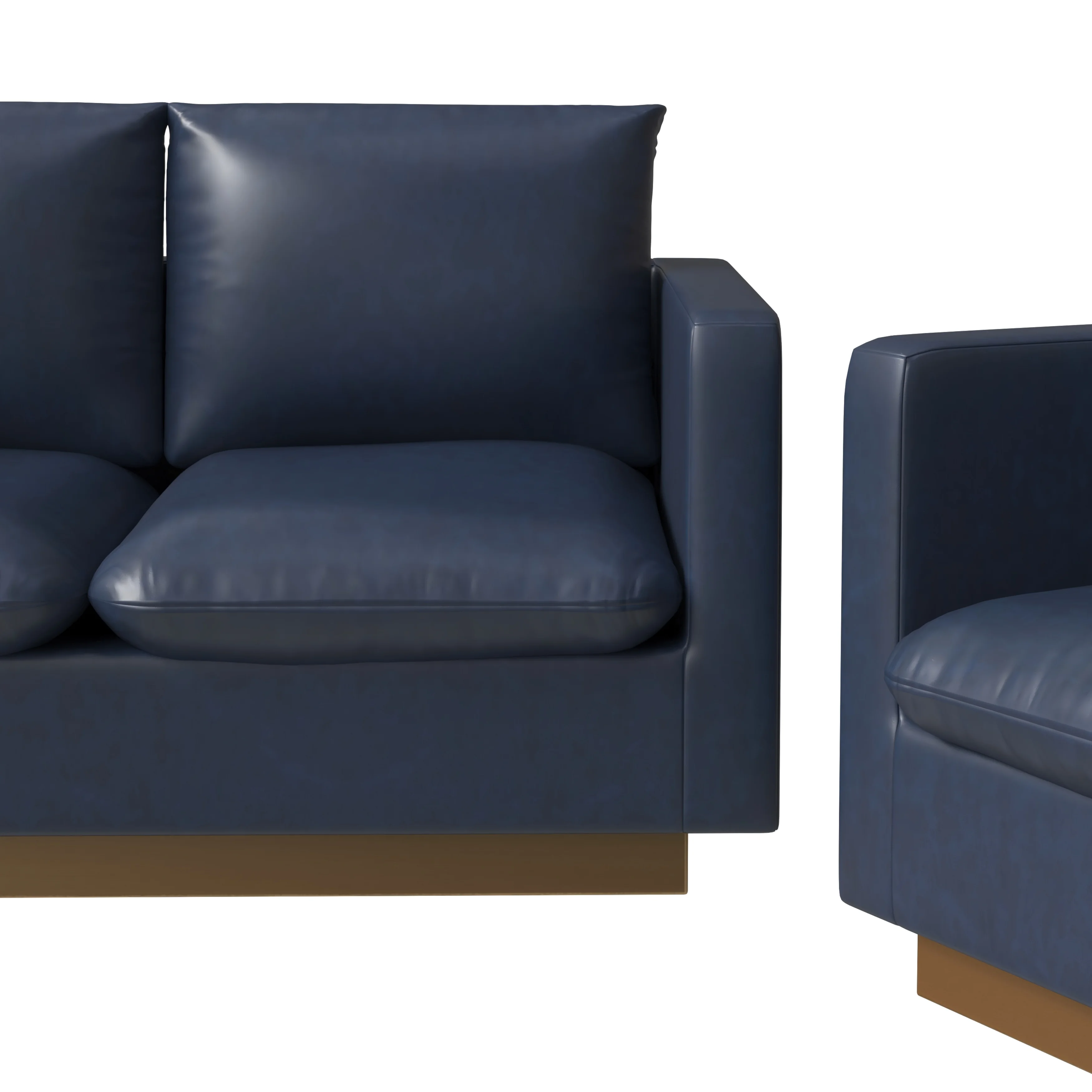 Nervo Leather 3-Piece Living Room Sofa Set With Gold Frame Navy Blue