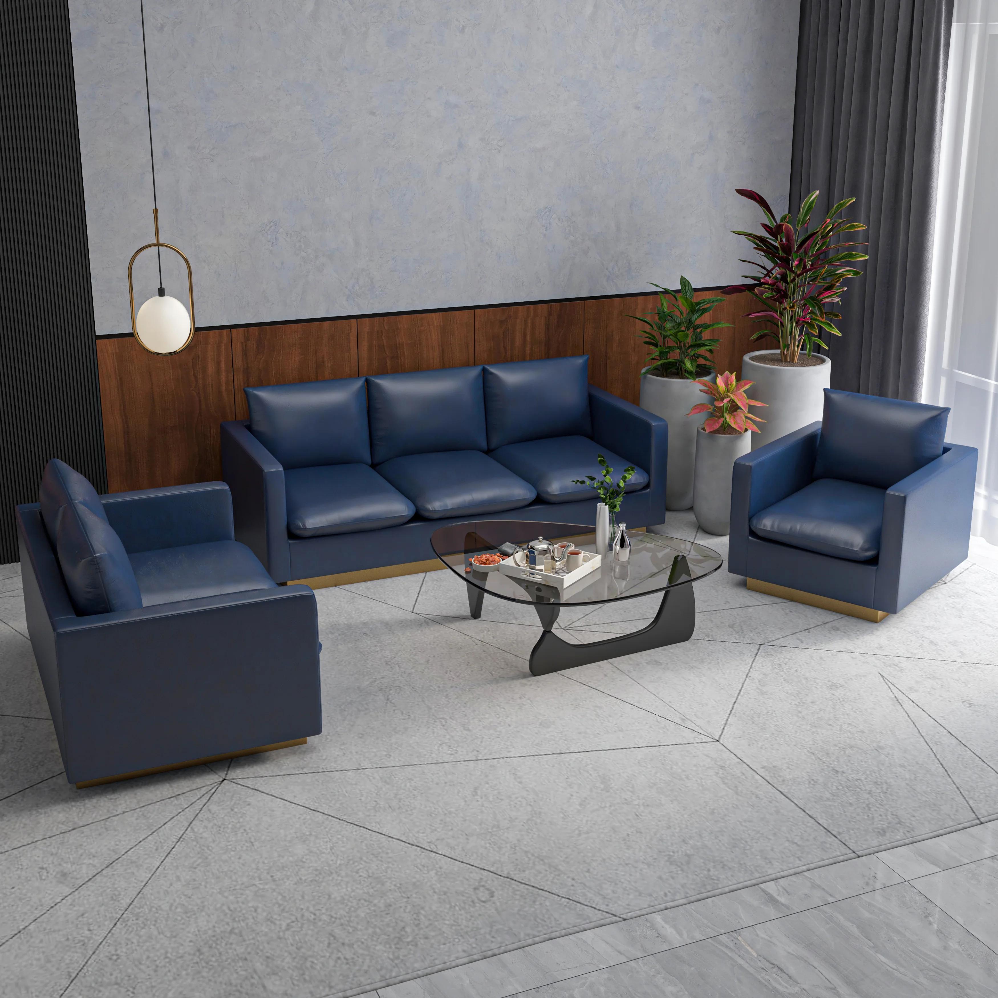 Nervo Leather 3-Piece Living Room Sofa Set With Gold Frame Navy Blue