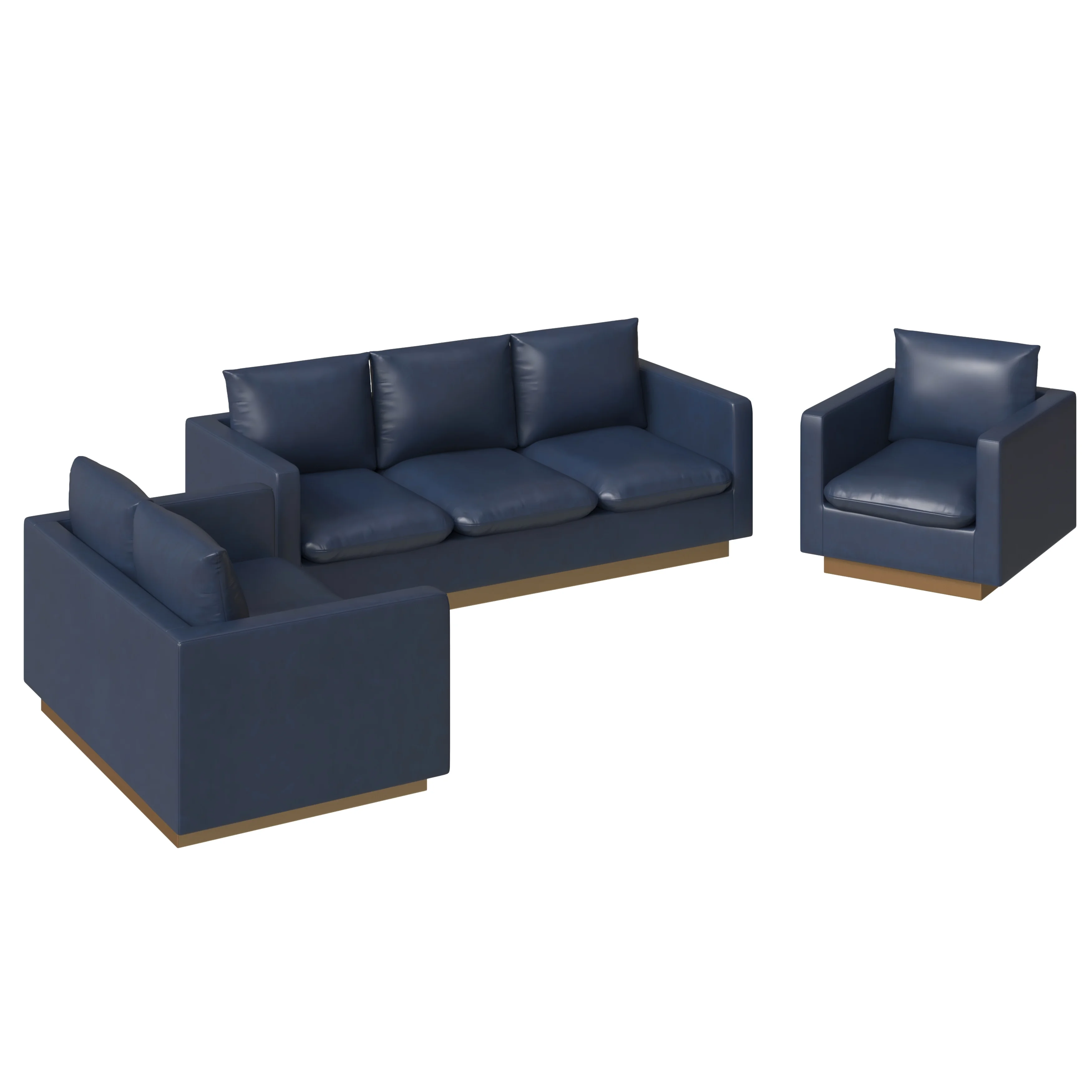 Nervo Leather 3-Piece Living Room Sofa Set With Gold Frame Navy Blue