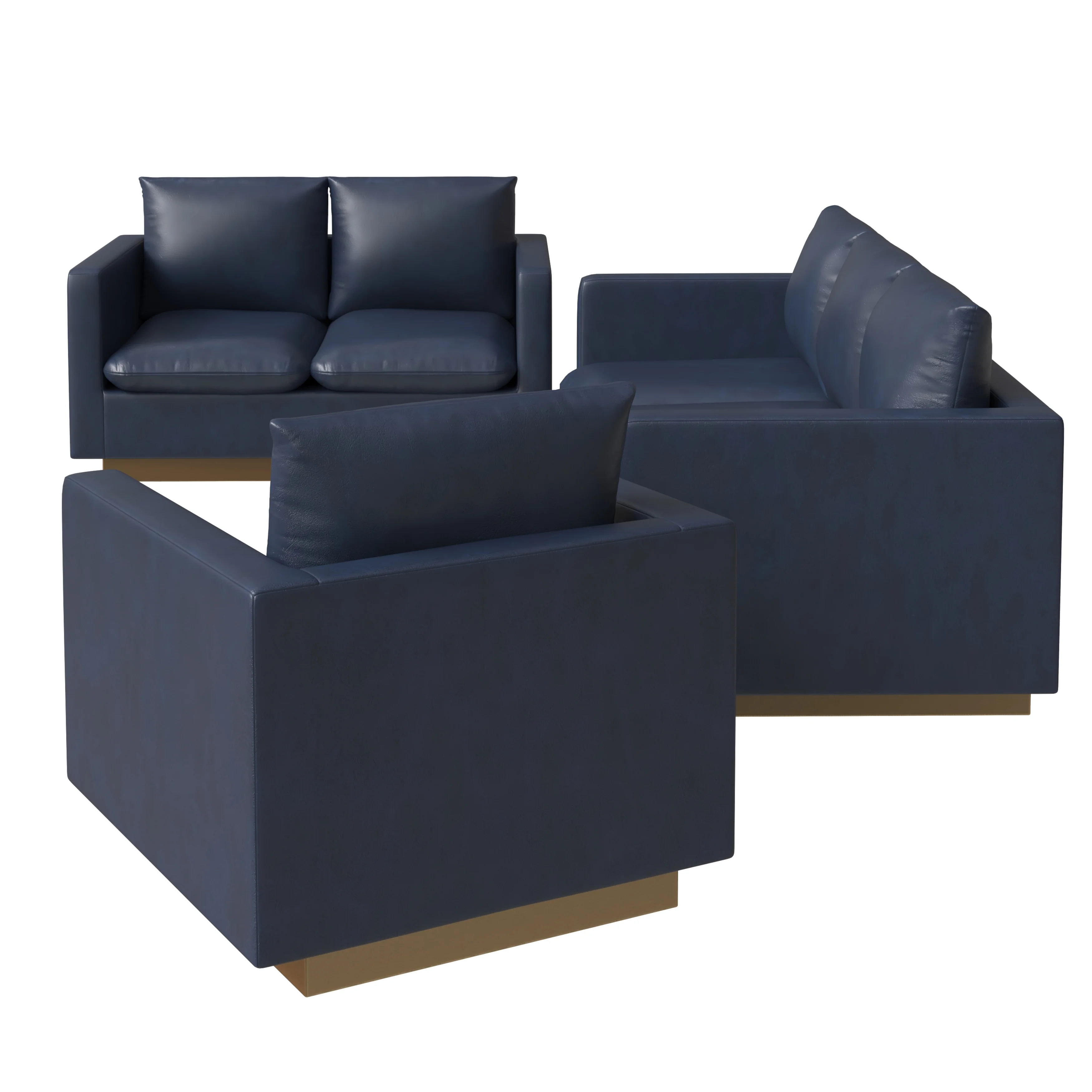 Nervo Leather 3-Piece Living Room Sofa Set With Gold Frame Navy Blue