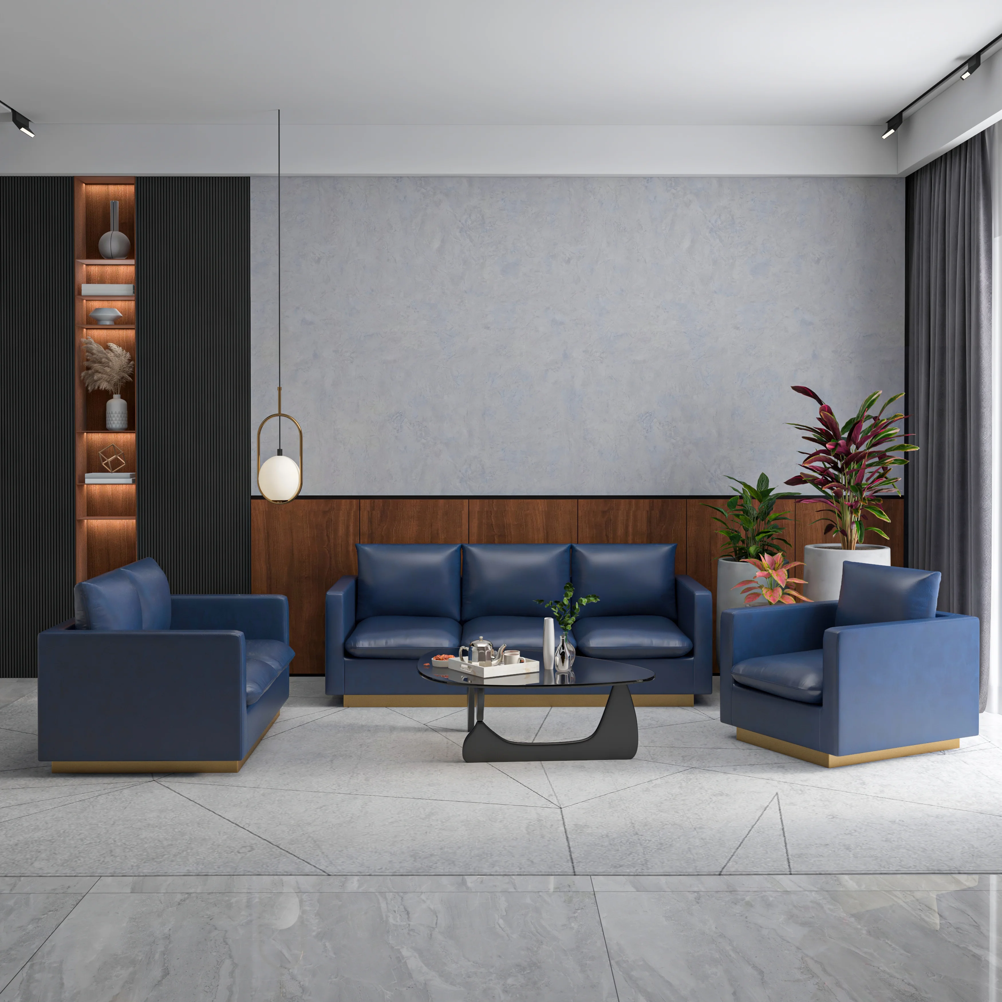 Nervo Leather 3-Piece Living Room Sofa Set With Gold Frame Navy Blue
