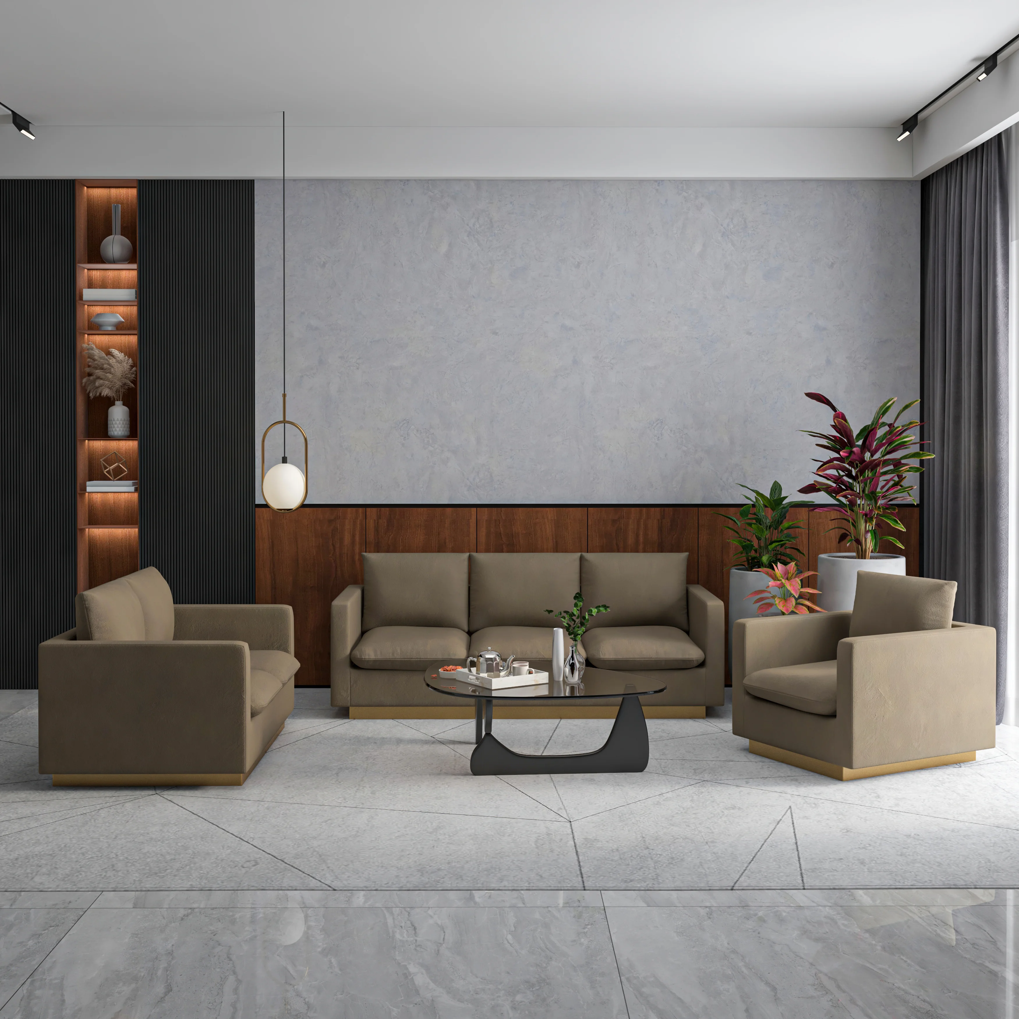 Nervo Velvet 3-Piece Living Room Sofa Set With Gold Frame Dark Grey