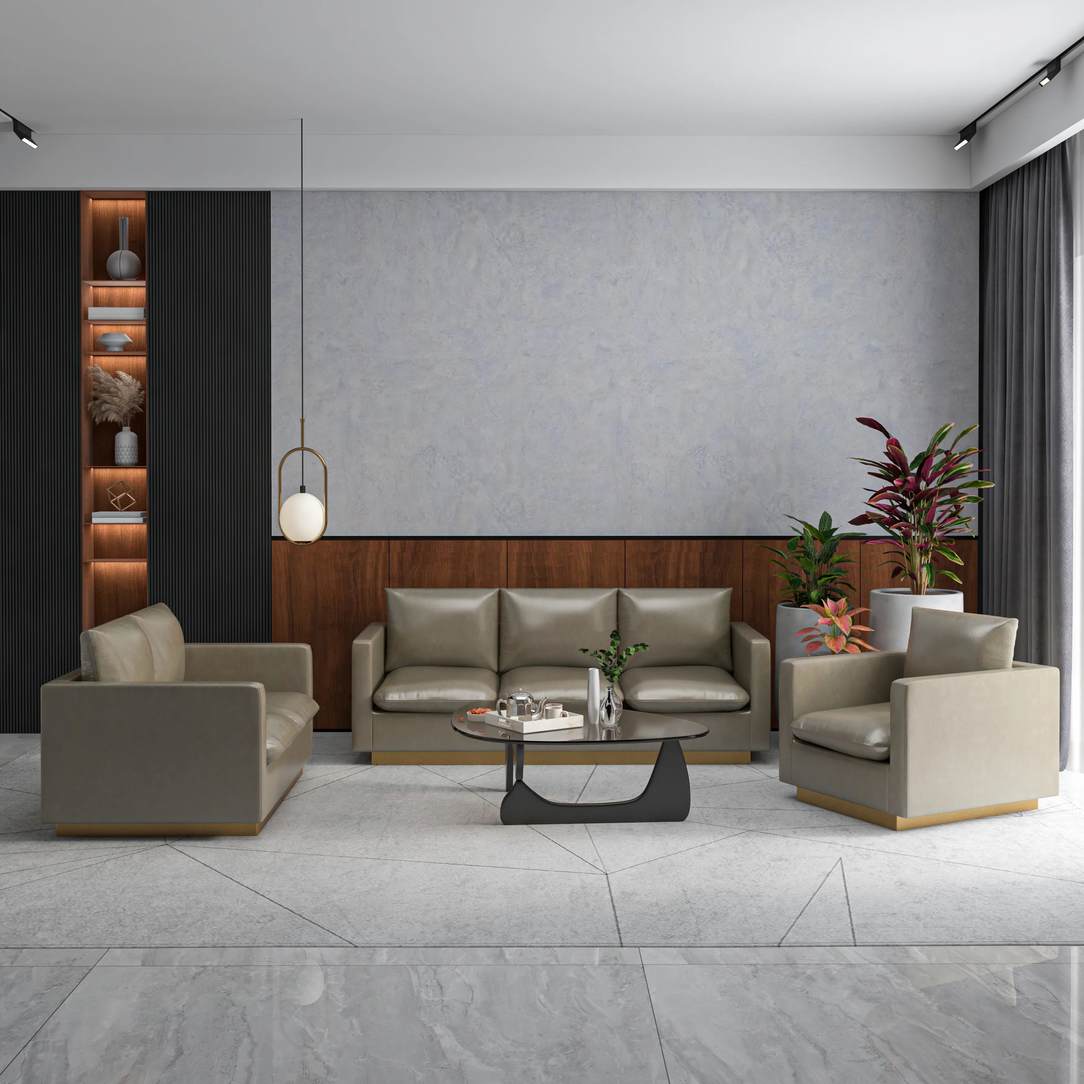 Nervo Leather 3-Piece Living Room Sofa Set With Gold Frame Grey