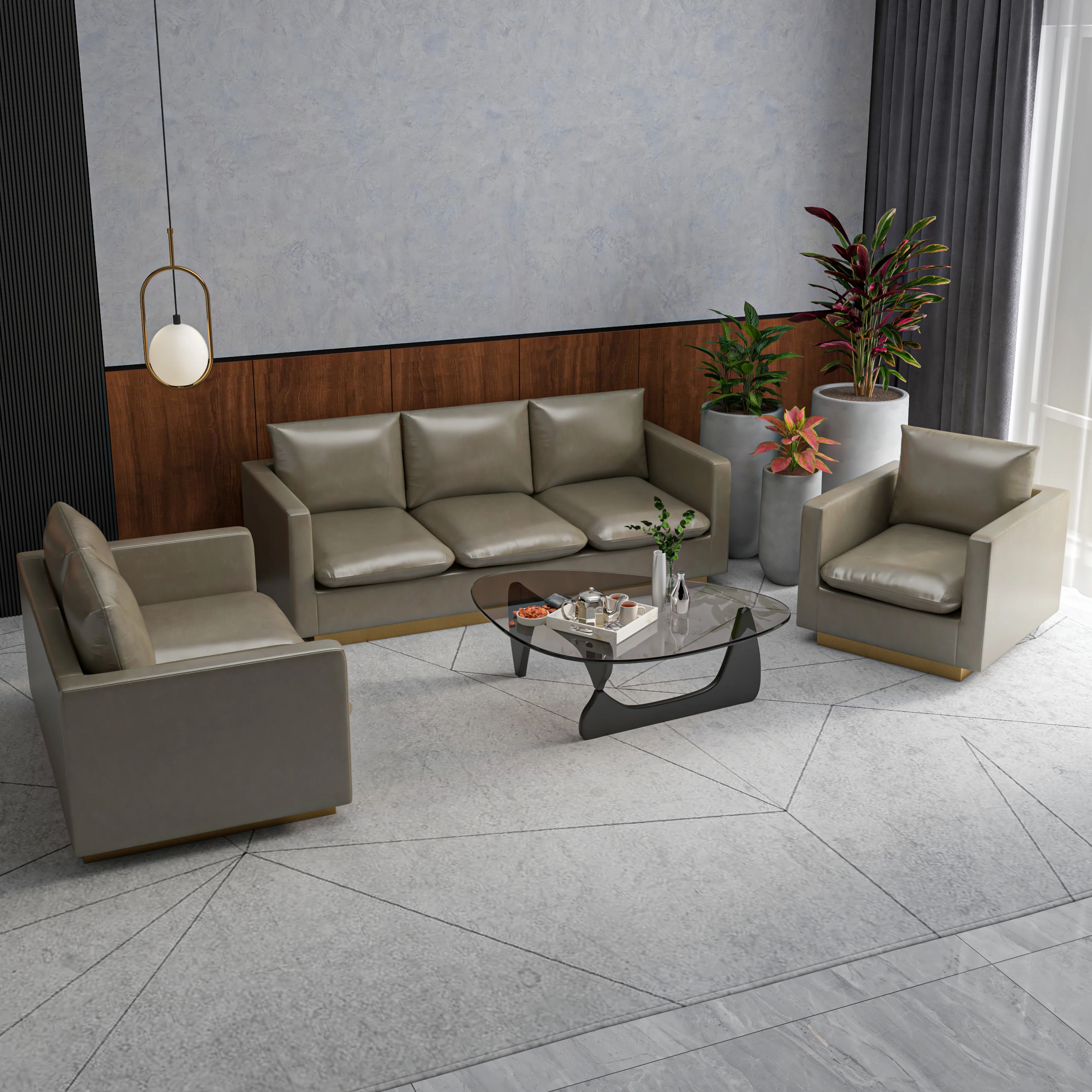 Nervo Leather 3-Piece Living Room Sofa Set With Gold Frame Grey
