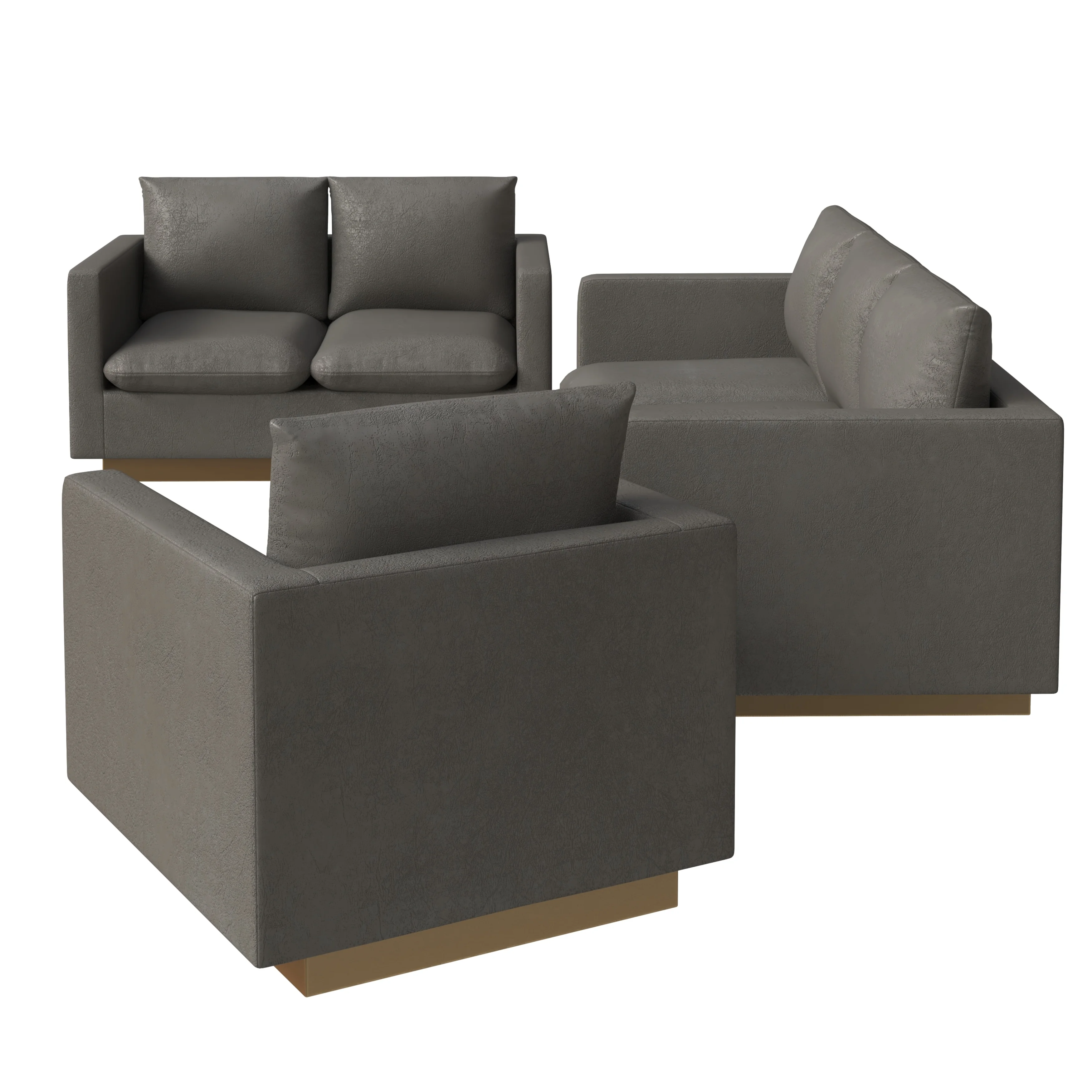 Nervo Leather 3-Piece Living Room Sofa Set With Gold Frame Grey
