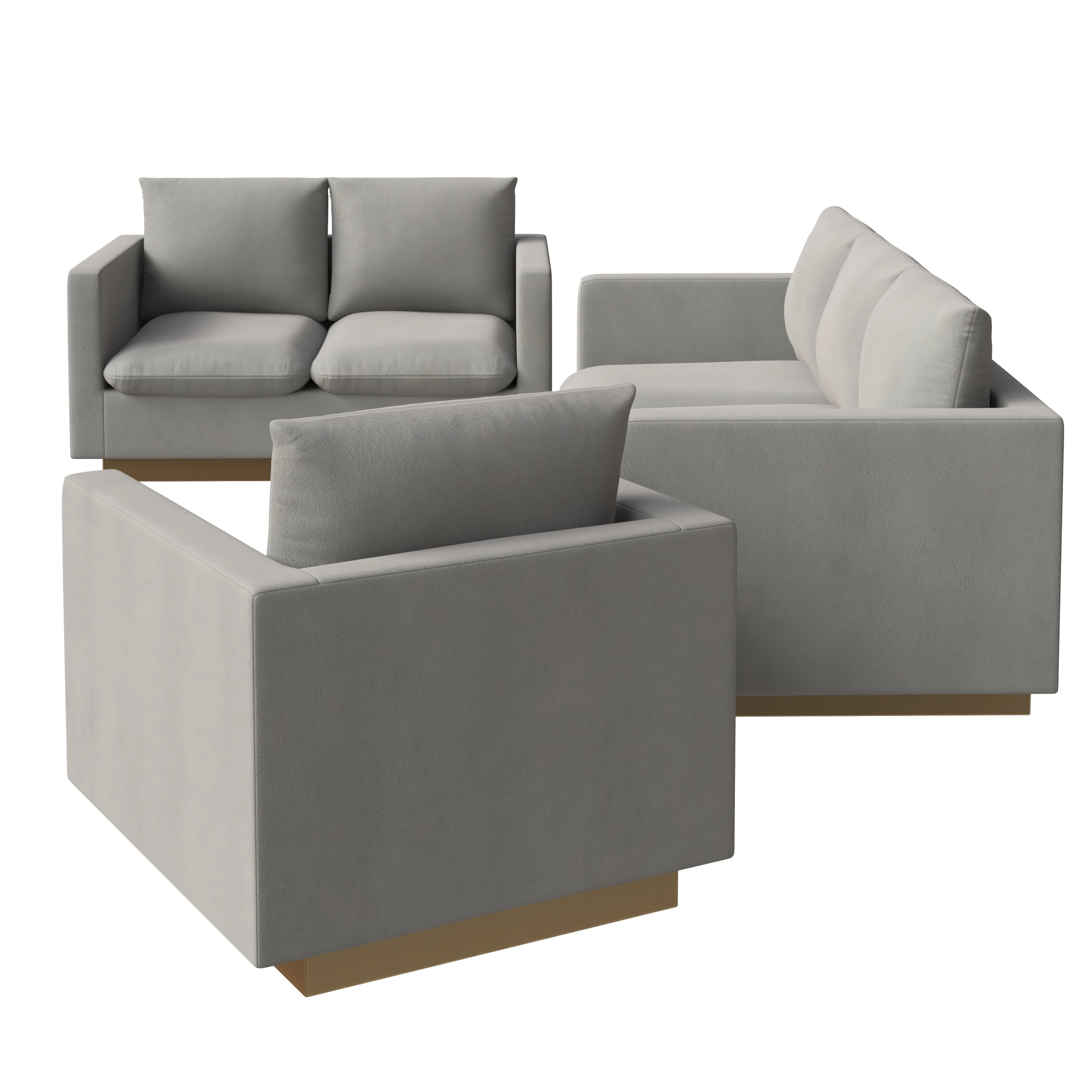 Nervo Velvet 3-Piece Living Room Sofa Set With Gold Frame Light Grey