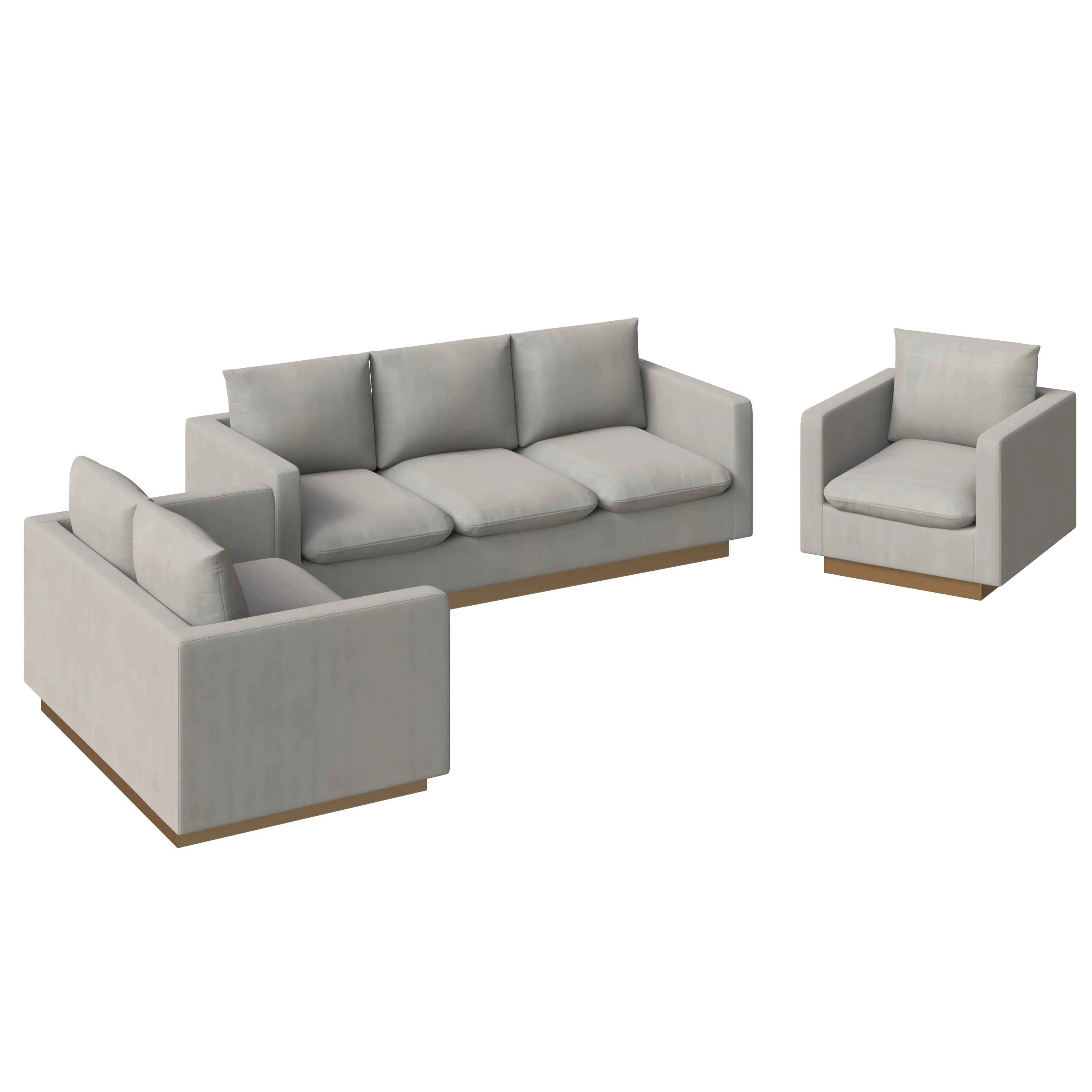 Nervo Velvet 3-Piece Living Room Sofa Set With Gold Frame Light Grey